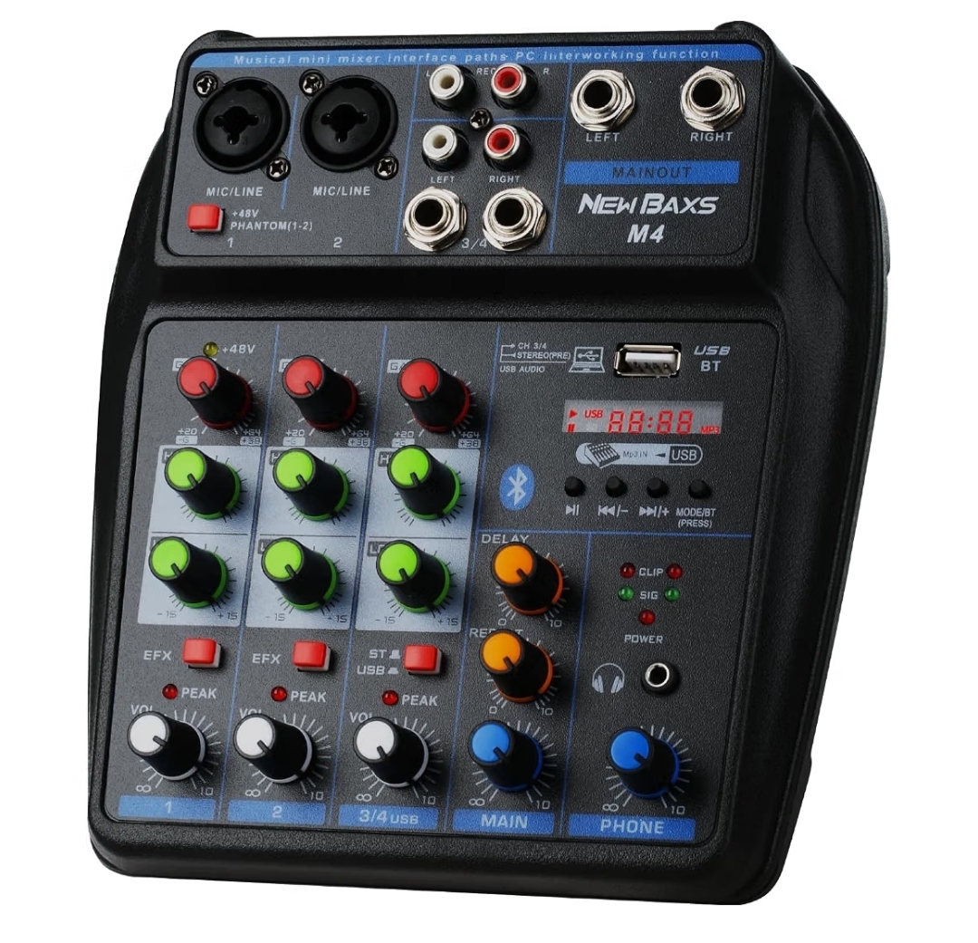 DJ Audio Mixer, DJ Mixers 4 Channel Sound Board with Bluetooth, NEW BAXS Sound Mixer Board XLR/1/4" Interface, USB/MP3 Computer Input 48V Phantom Power Stereo DJ Studio Streaming KTV Stage