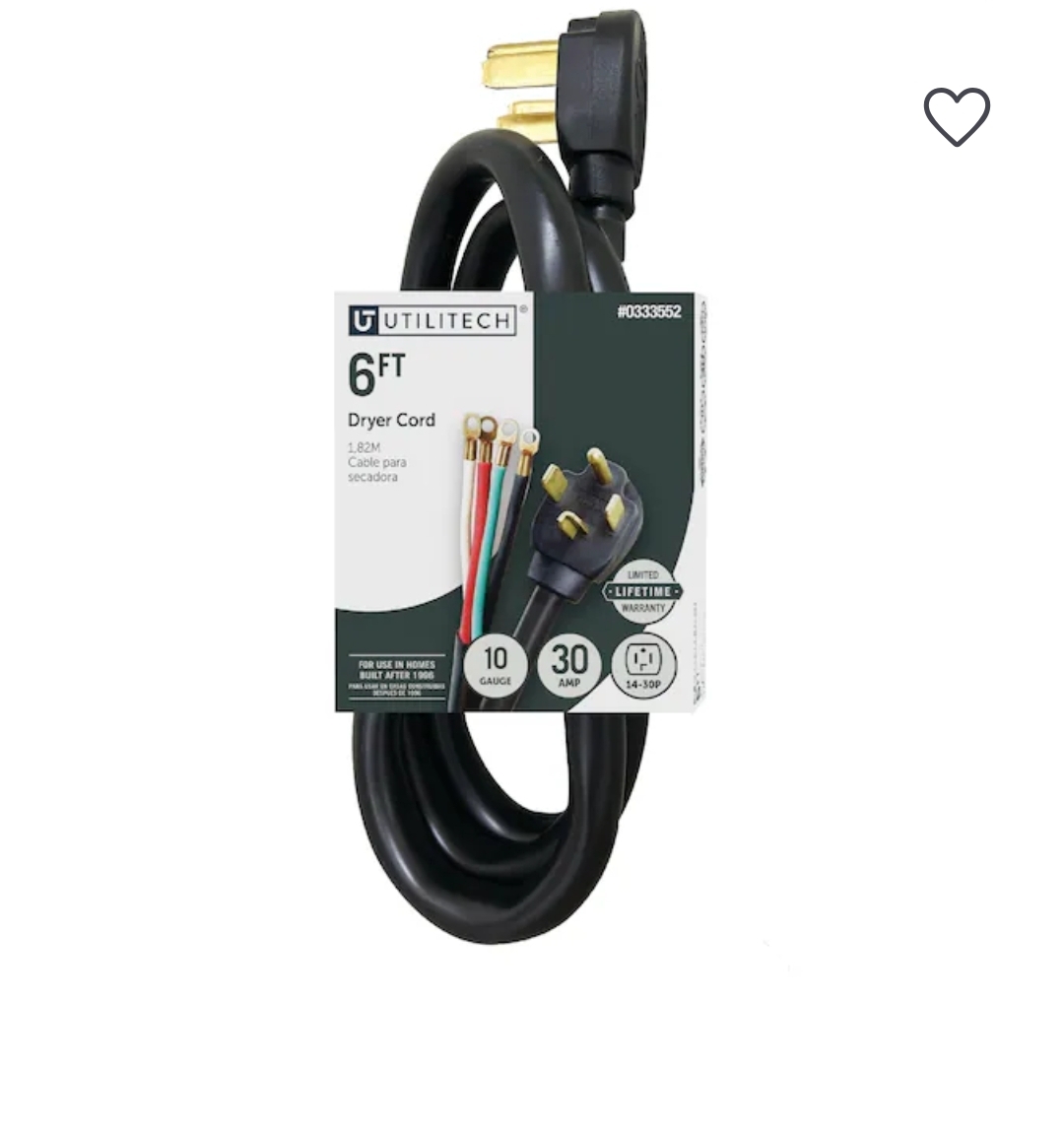 Utiletech 6ft Dryer Cord - 10 Gauge 30 Amp - 4 Prong