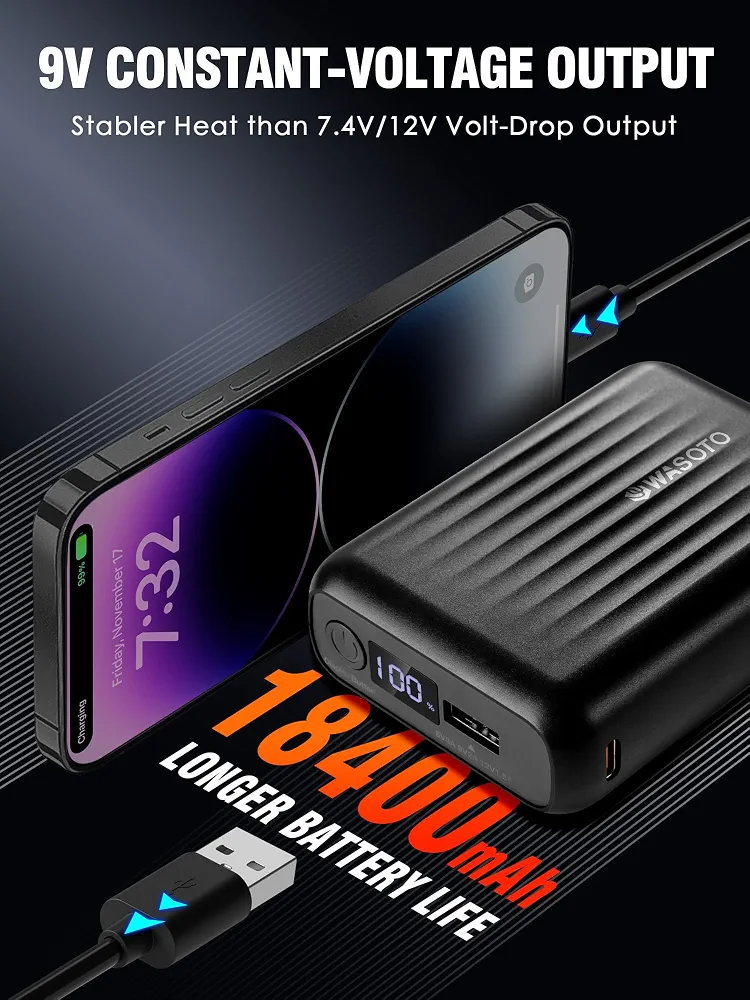WASOTO Battery Pack for Heated Jackets Vest Fleece Vest 18400 mAh with LEDs Displays Lightweight Compact Rechargeable Battery