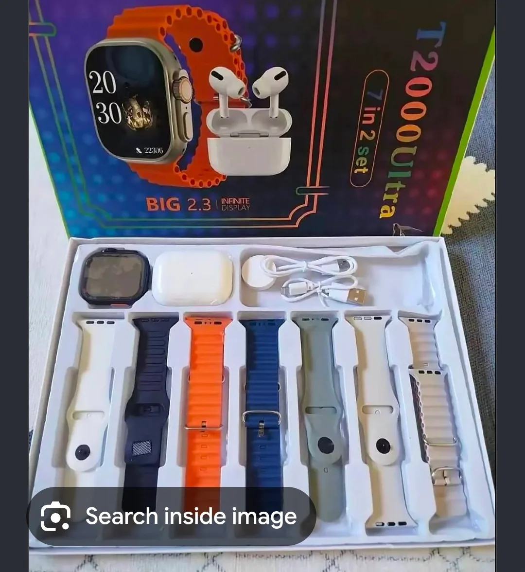 T2000 Ultra smartwatch combo set box that includes an orange band and wireless earbuds