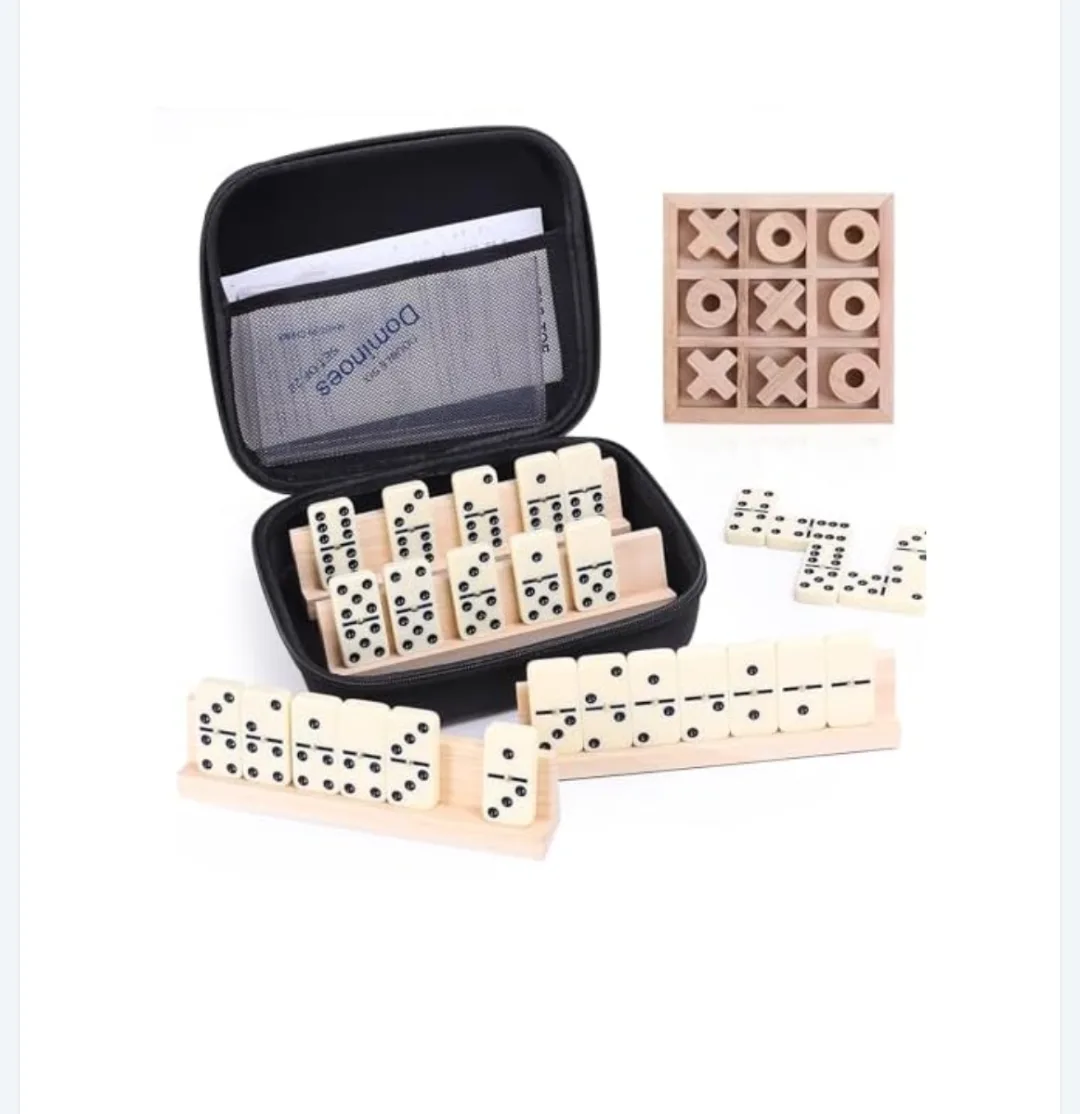 Dominoes and Tic Tac Toe Game Set, 28 Tiles Dominos with 4 Wooden Racks, Wood Tic Tac Toe Classic Board Games, Portable Travel Game with Carrying Case