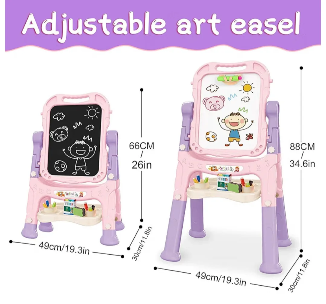 Mojitodon Art Easel for Kids, Adjustable Standing Rotatable Double Sided Easel with Painting Accessories for Toddlers Boys and Girls-Pink