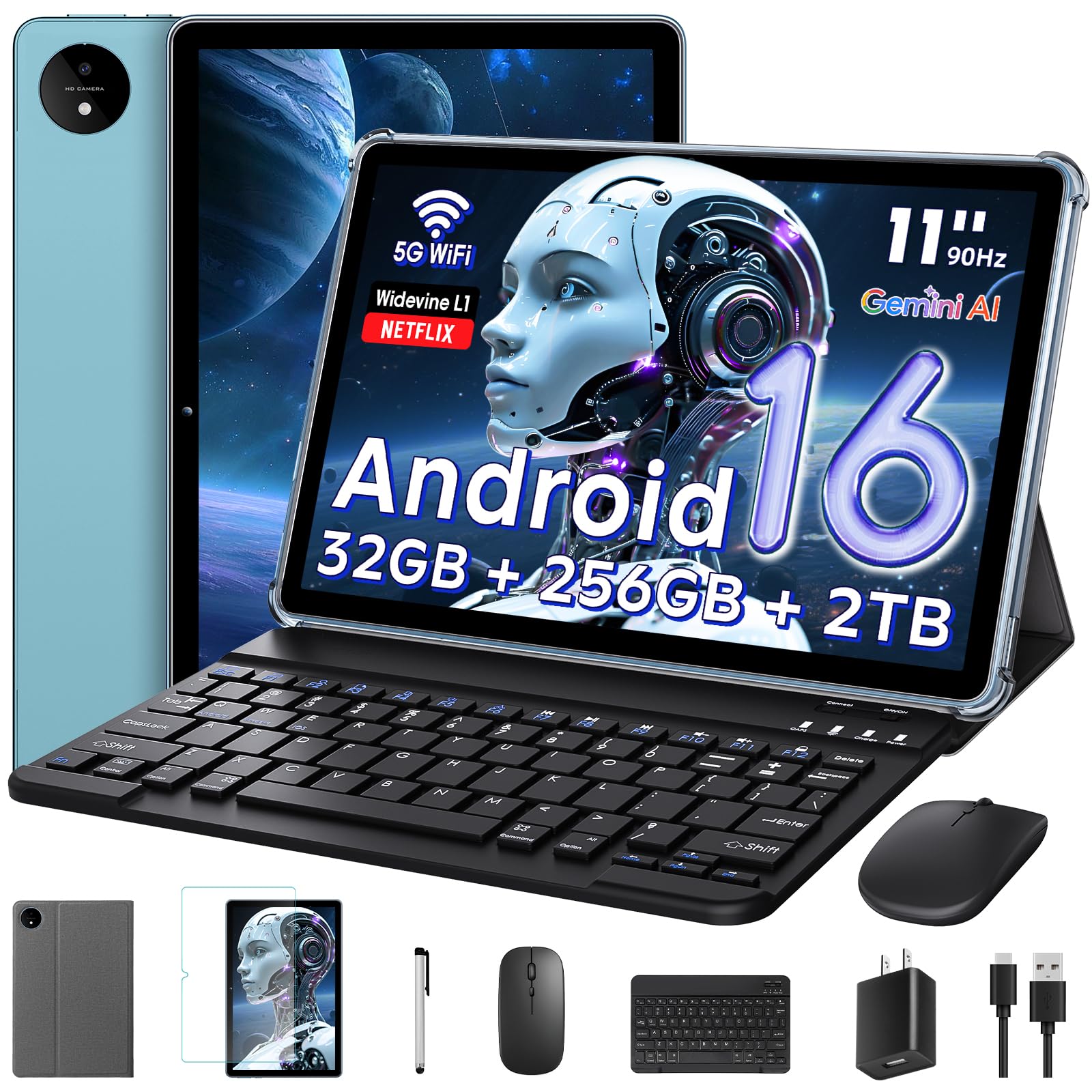 11 Inch Tablet Android 16 with Keyboard, 32GB RAM + 256GB ROM (2TB Expand)