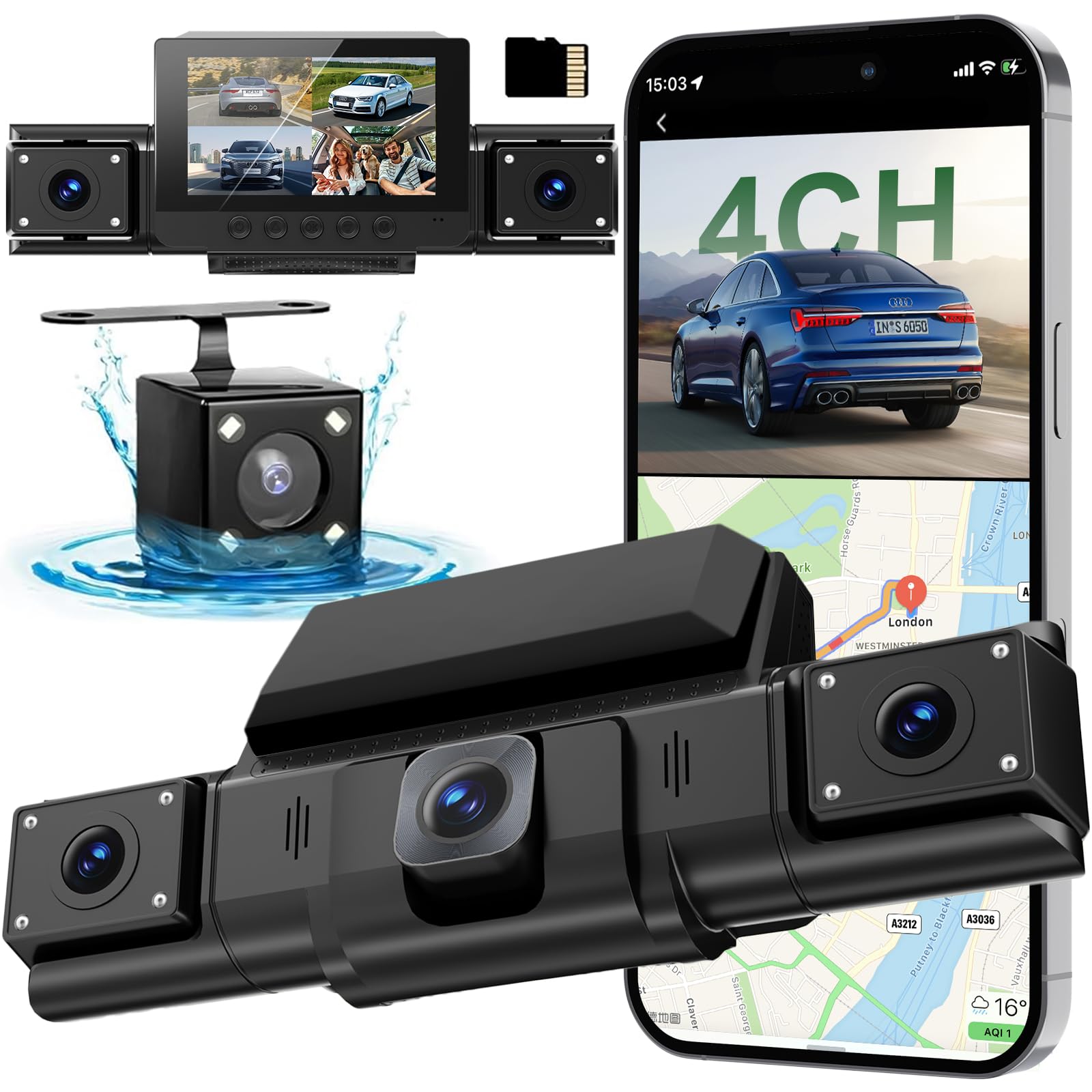 4 Channel Dash Cam,360° All-Around View Front Rear Left Right Inside Car Camera,3" IPS Screen,4-Way Dash Cam with 24H Parking Mode,Built-in GPS,8 IR Night Vision,G-Sensor,Free TF Card Included