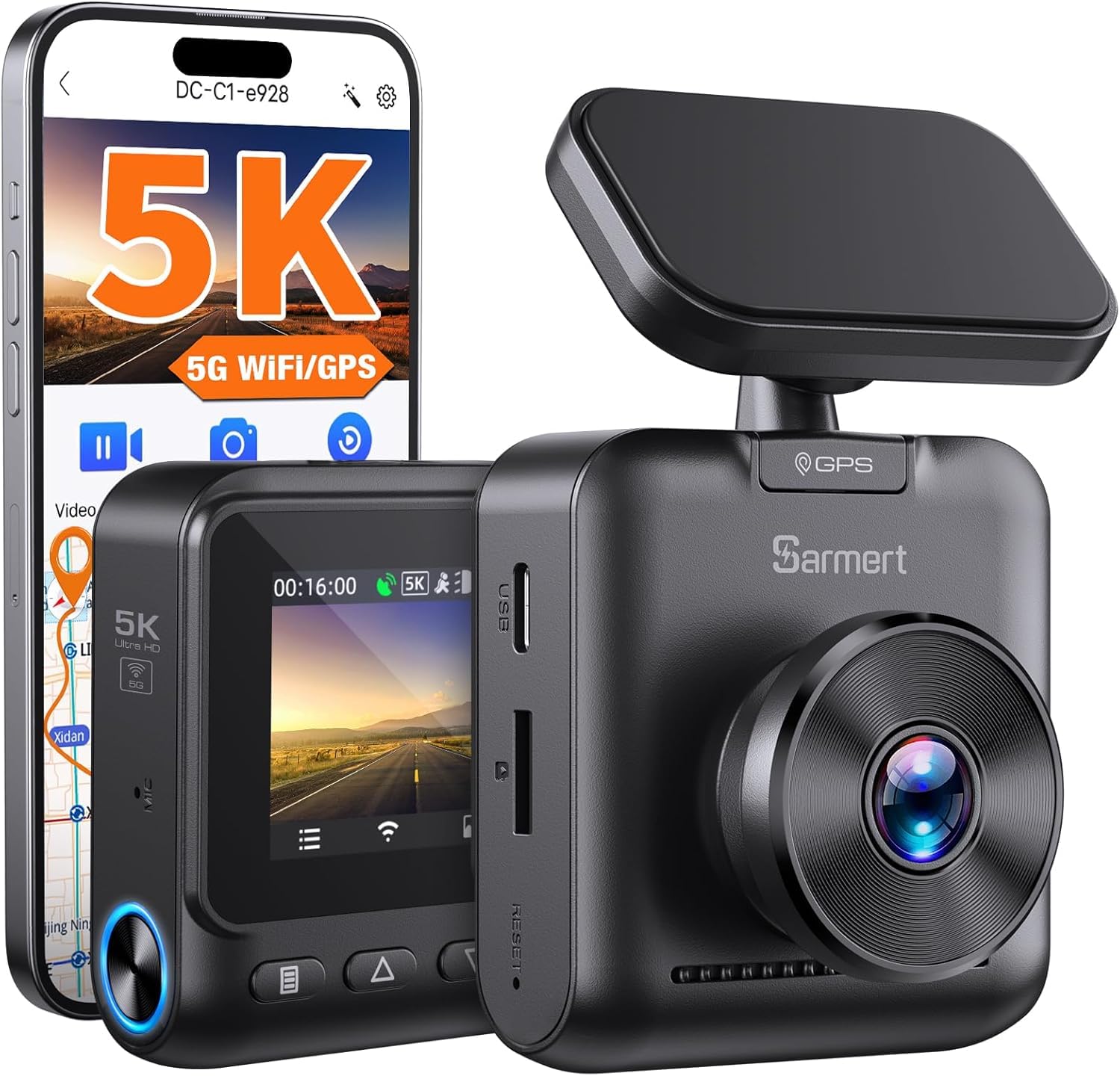 5K Dash Cam, Sarmert Car Camera Dashcam Built-in GPS 5G WiFi, 5K 4K UHD with APP, 2" IPS Screen Dash Camera with Super Night Vision, Loop Recording, WDR, 150degree Wide, G-Sensor, Supports 512GB Max