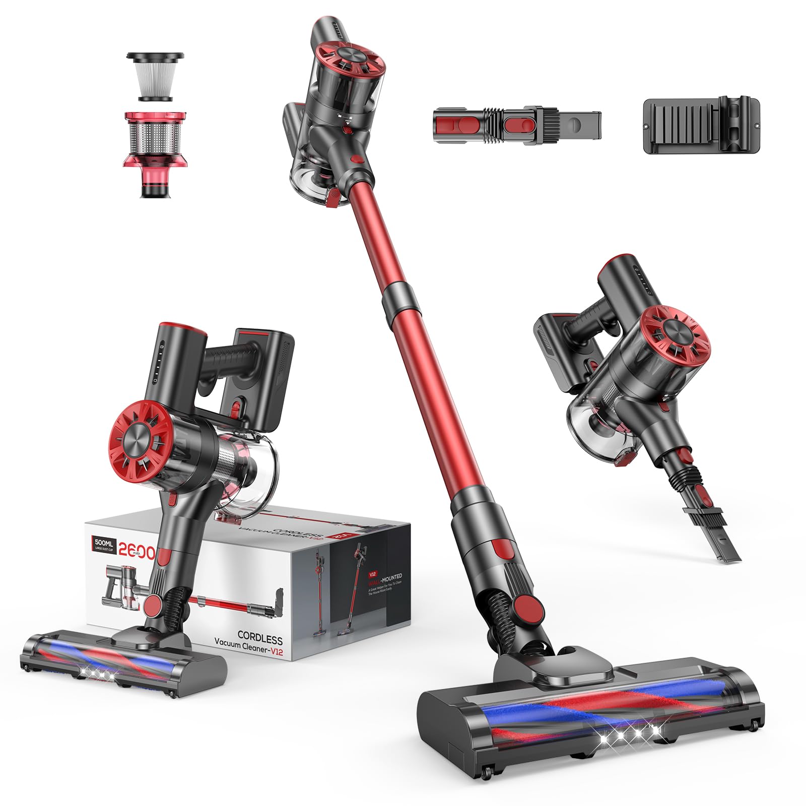 Cordless Vacuum Cleaner, 80,000PRM Stick Vacuum with 2 Powerful Suction Modes, Max 40 Mins Runtime, Protable 2600mAh Rechargeable Battery Vacuum Cleaner for Home (Grey Red)
