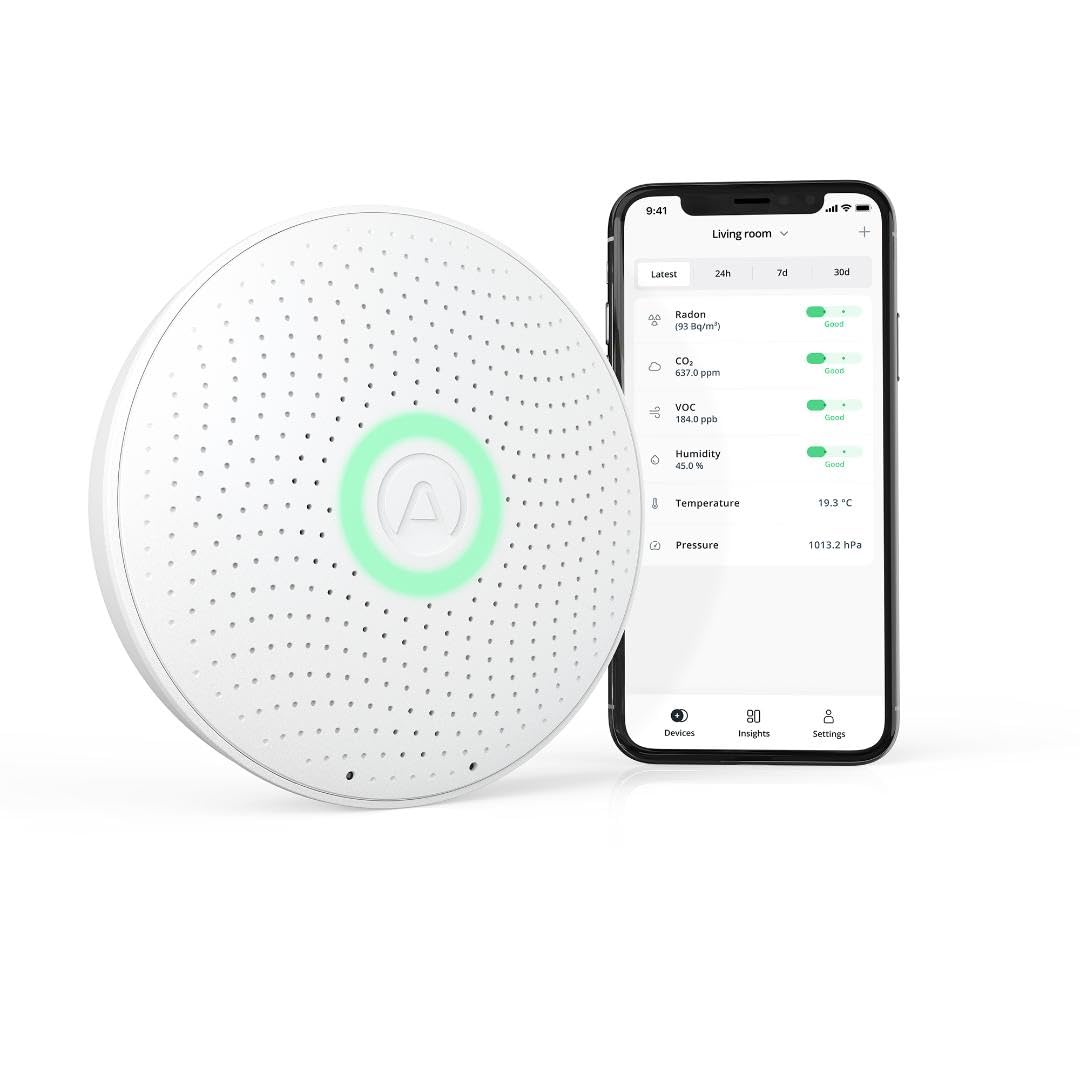 AIRTHINGS Wave Plus Indoor Air Quality Monitor with Radon Detection Free App & Web Dashboard Easy-to-Use Radon, Tvocs, Co2, Temperature, Humidity & Air Pressure “ Bluetooth Battery Operated,White
