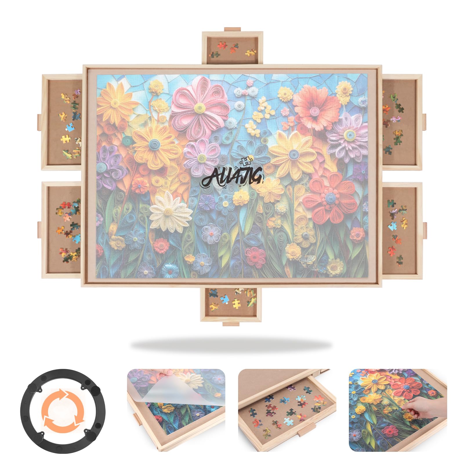 ALL4JIG 1000 Pieces Rotating Puzzle Board with 6 Drawers and Cover,22.44"x30.16"Portable Wooden Jigsaw Puzzle Table for Adults,Lazy Susan Spinning Puzzle Boards Birthday Gift for mom