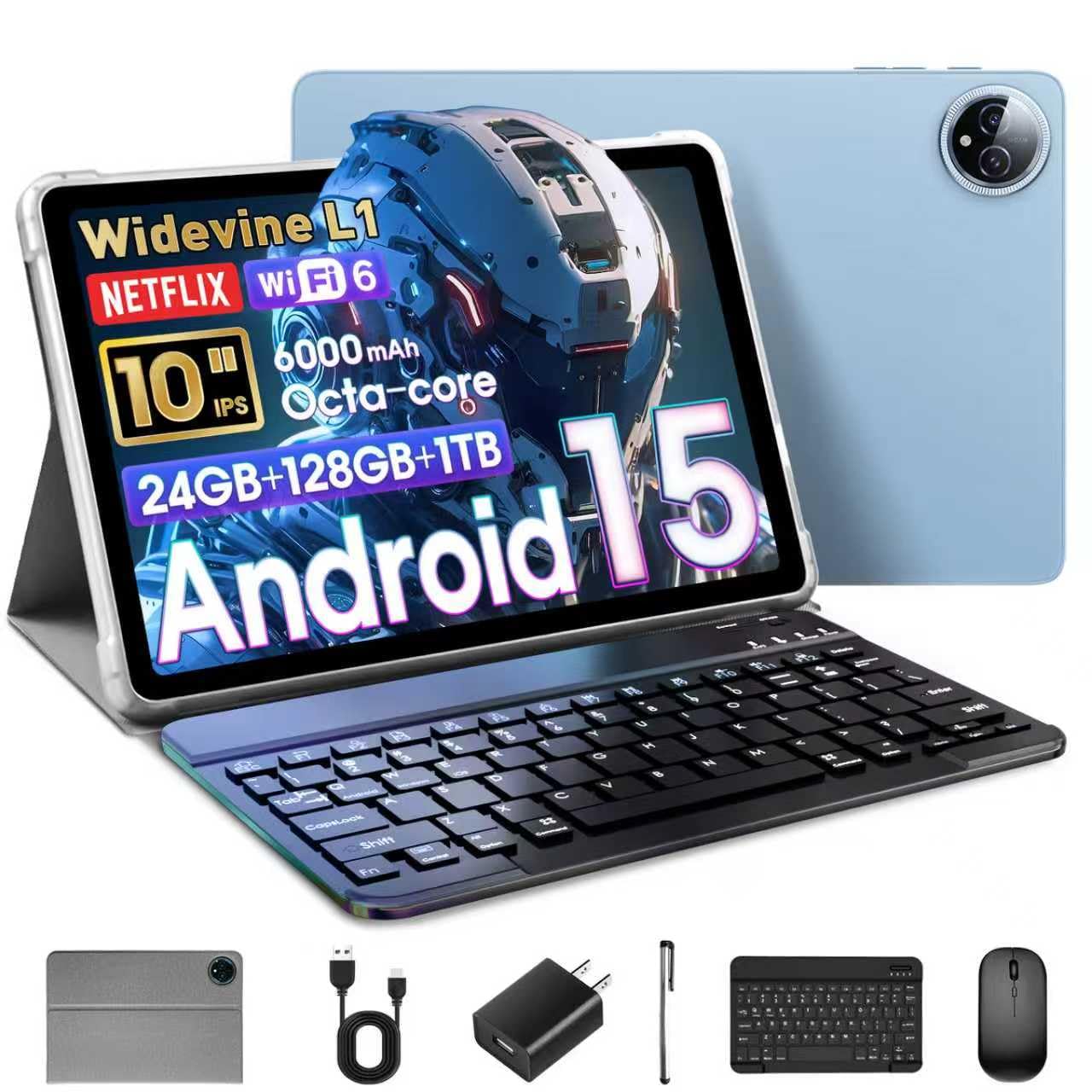 Android 15 Tablet 10 Inch, 24GB RAM+128GB ROM/1TB Expandable T615 Octa-core
