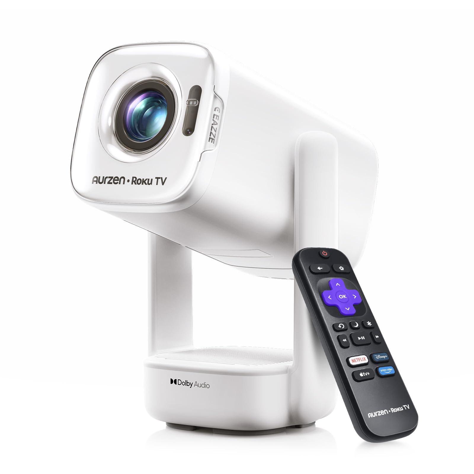 Aurzen D1R air Roku TV Mini Projector with USB-C Powered and Stand, White
