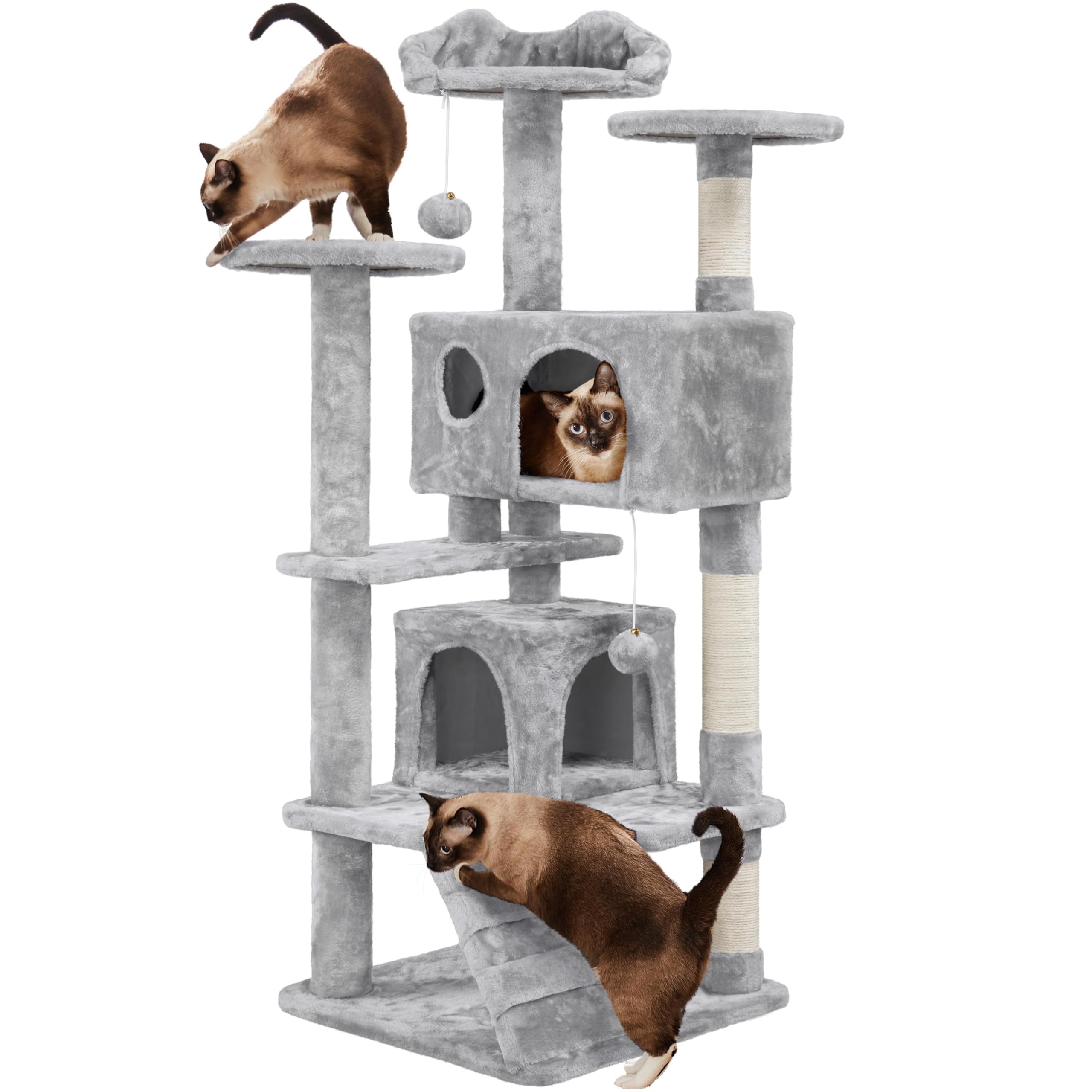 Yaheetech 138cm Cat Tree, Large Cat Tower w/3 perches, 2 Condos, Light Gray
