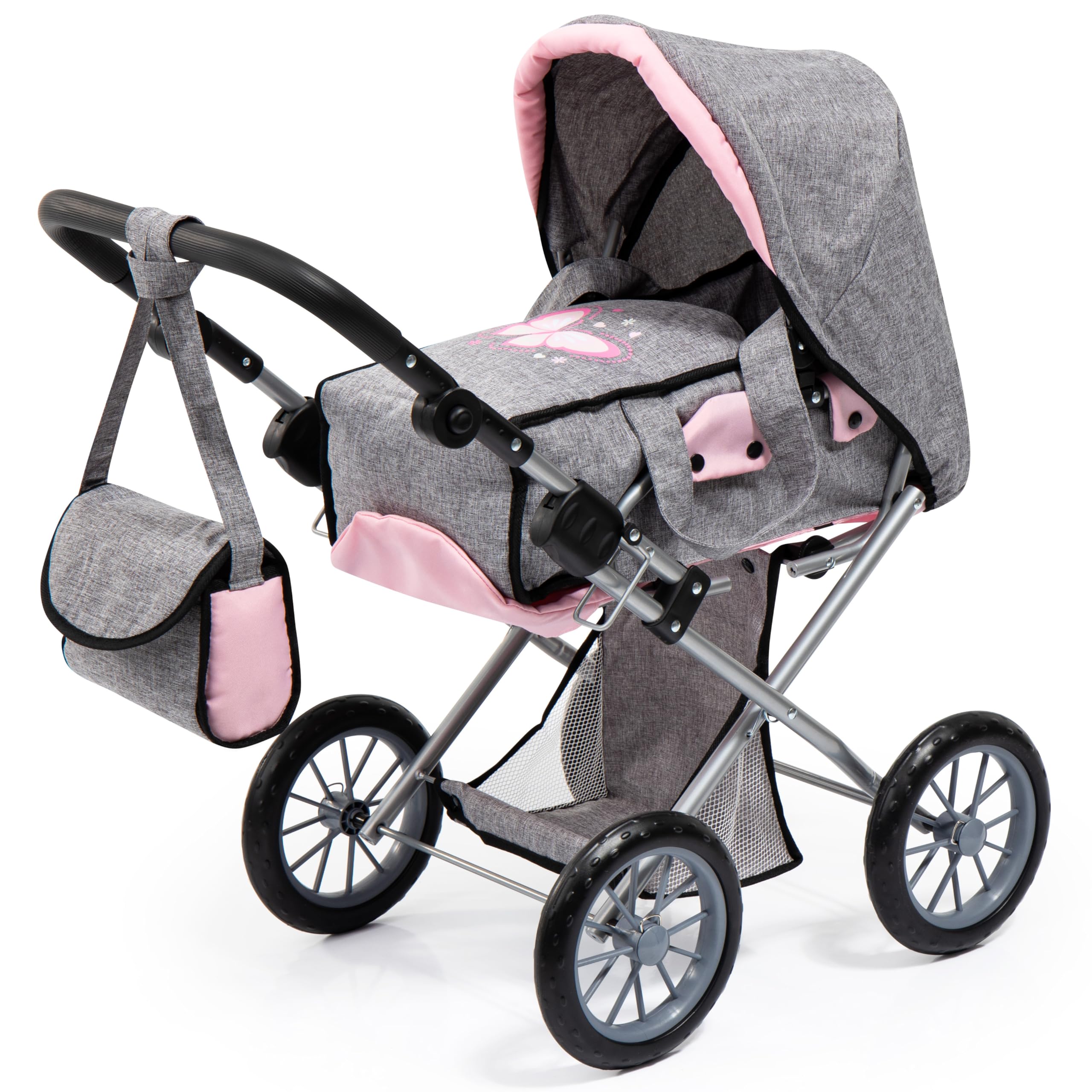 Bayer - Dolls Pram City Star Grey Pink Butterfly - Baby Stroller for Dolls with Bag, Adjustable Handle, Foldable - Dolls Up to 18 - Age 3+ - 13633AA