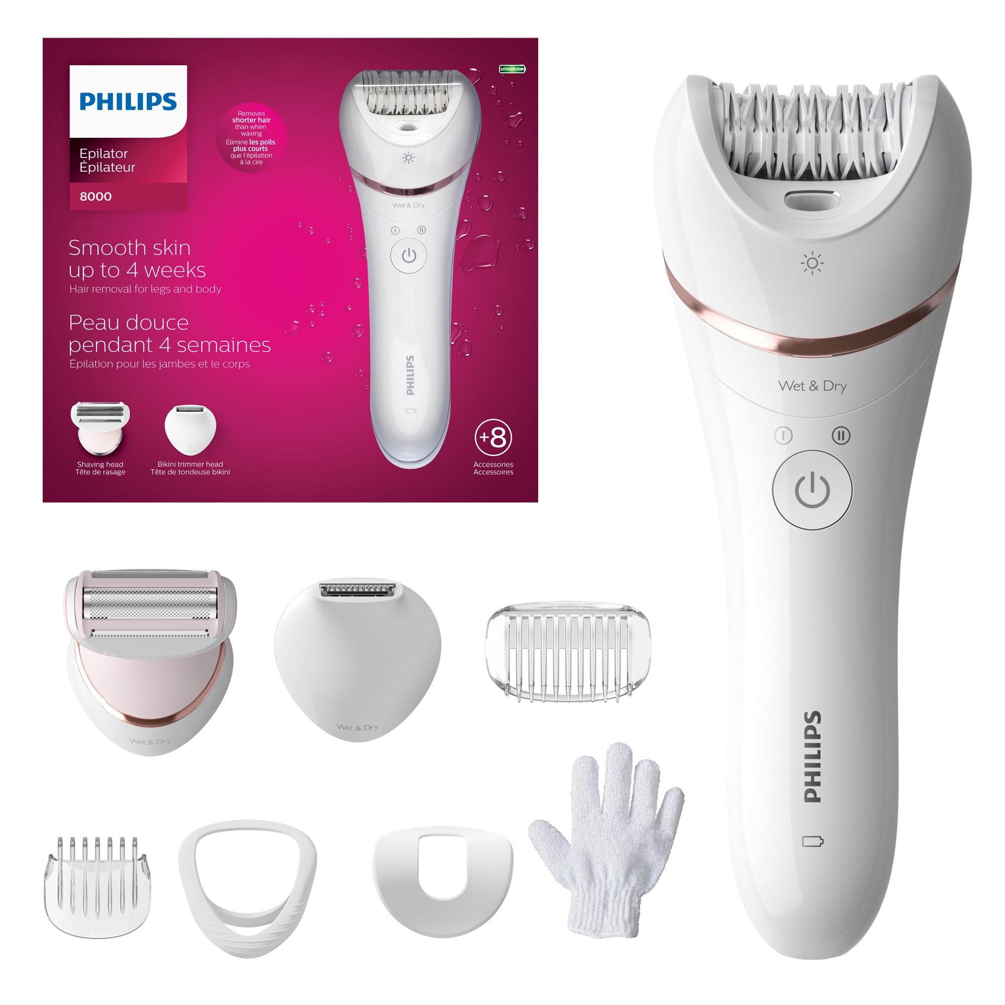 Philips Epilator Series 8000, Wet & Dry, 3-in-1 with Shaver & Trimmer Attachments for Women, 8 Accessories Included, BRE720/14