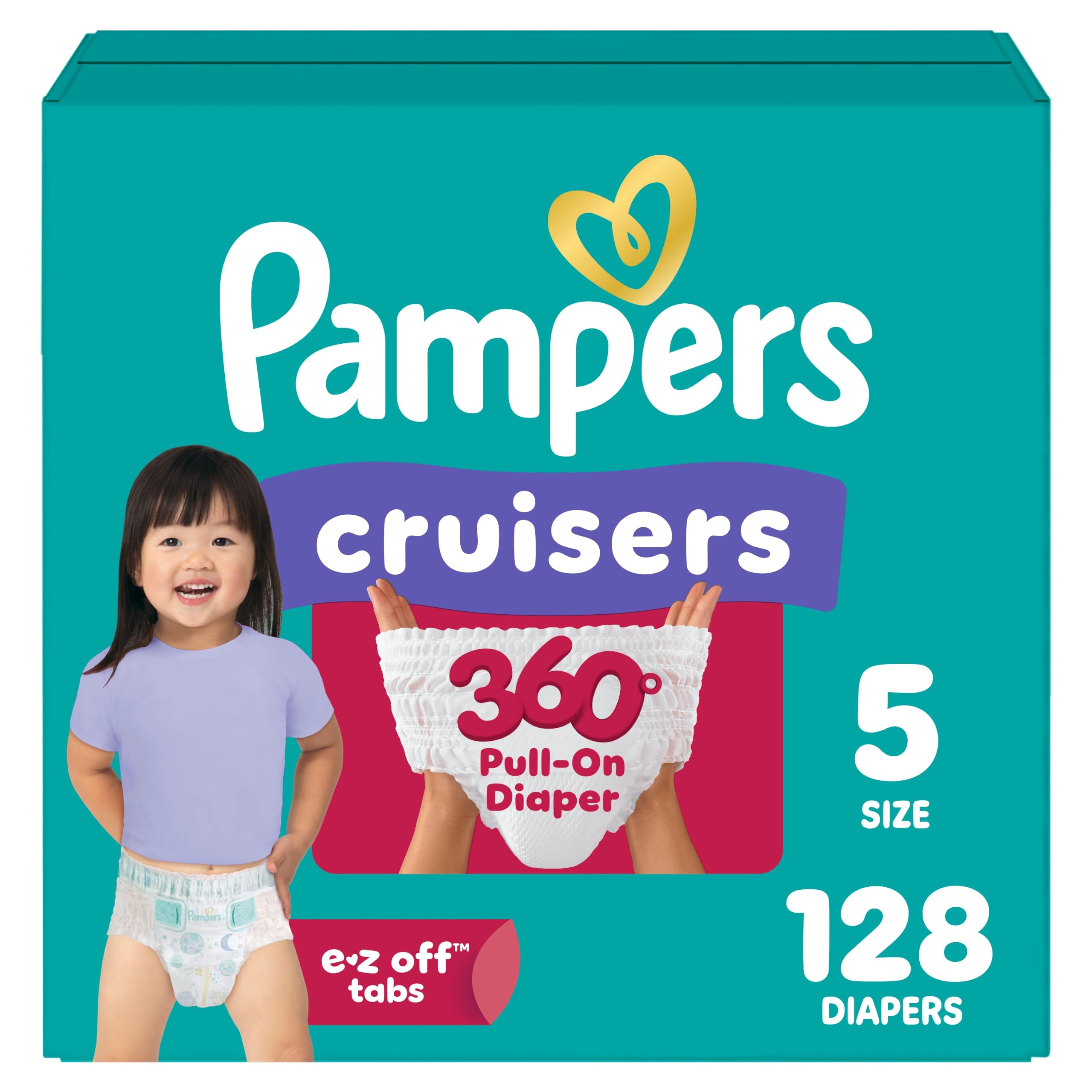 Pampers Diapers - Cruisers 360 degrees - Size 5, 128 Count, up to 100% Leakproof Fit, Designed for Active Babies, Pull On Diaper, EZ Off Tabs Designed for Easy Changes