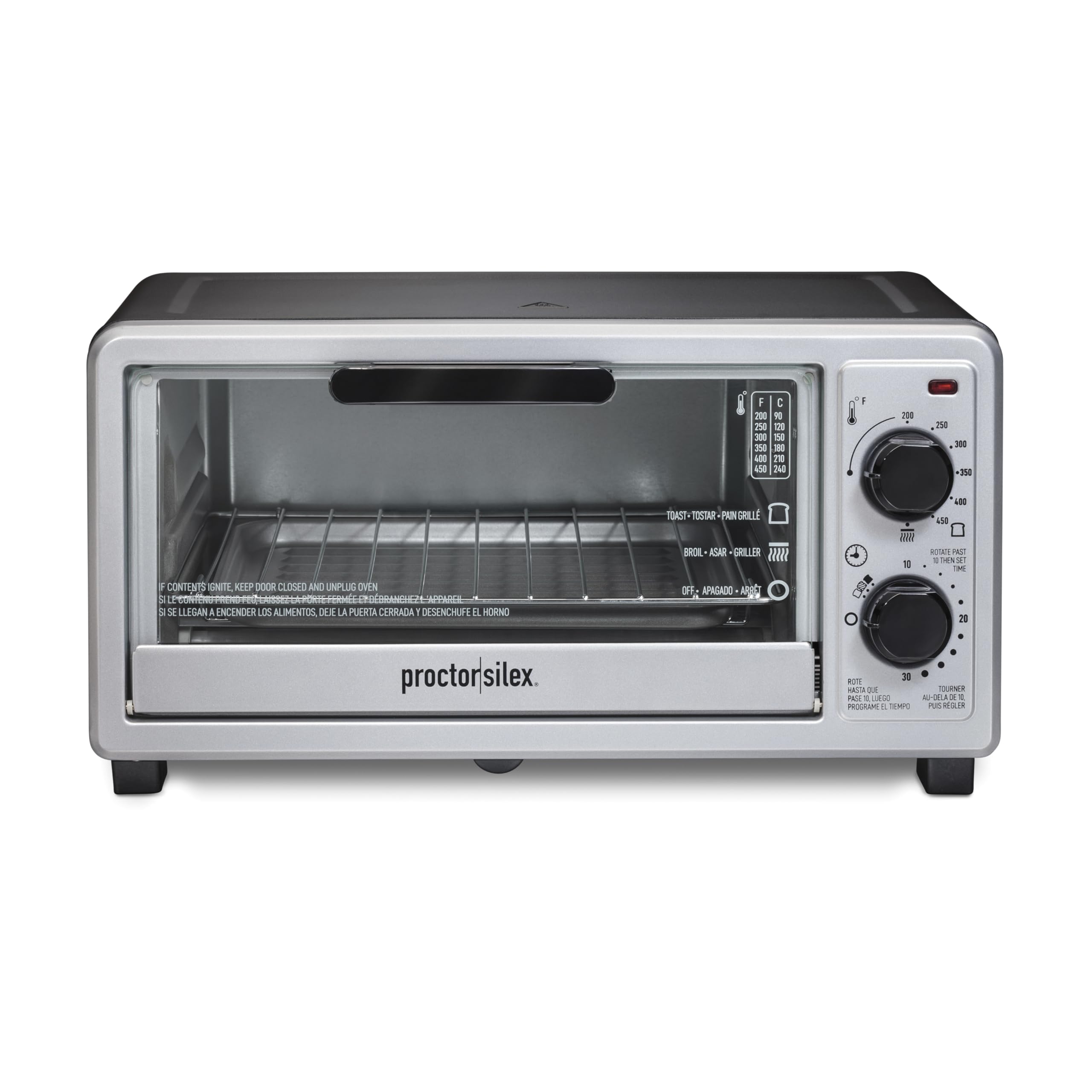 Proctor Silex 4-Slice Toaster Oven Broiler, Black and Silver, 1100W Compact Countertop Oven, Bake, Broil & Toast, Includes Bake Pan and Oven Rack, 31260G