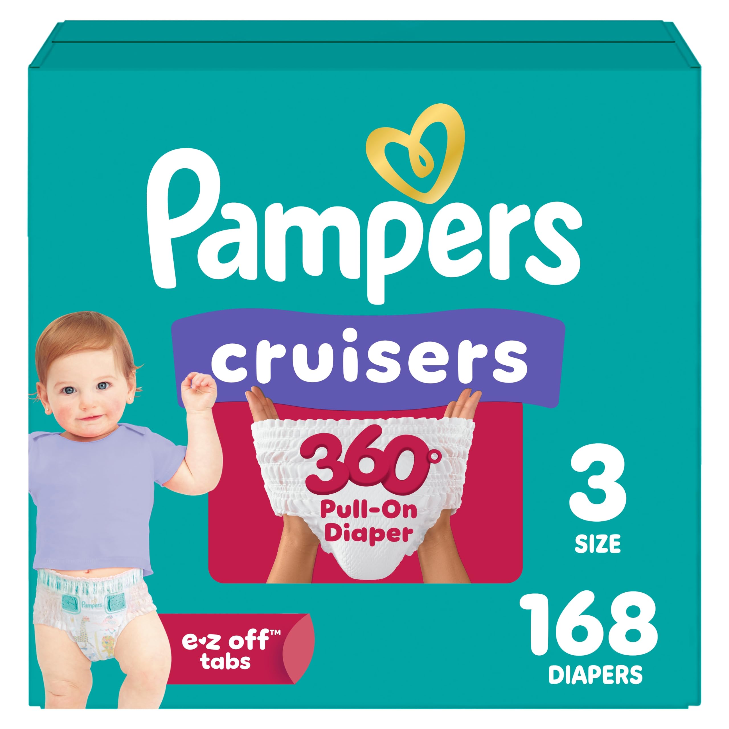 Pampers Diapers - Cruisers 360 degrees - Size 3, 168 Count, up to 100% Leakproof Fit, Designed for Active Babies, Pull On Diaper, EZ Off Tabs Designed for Easy Changes
