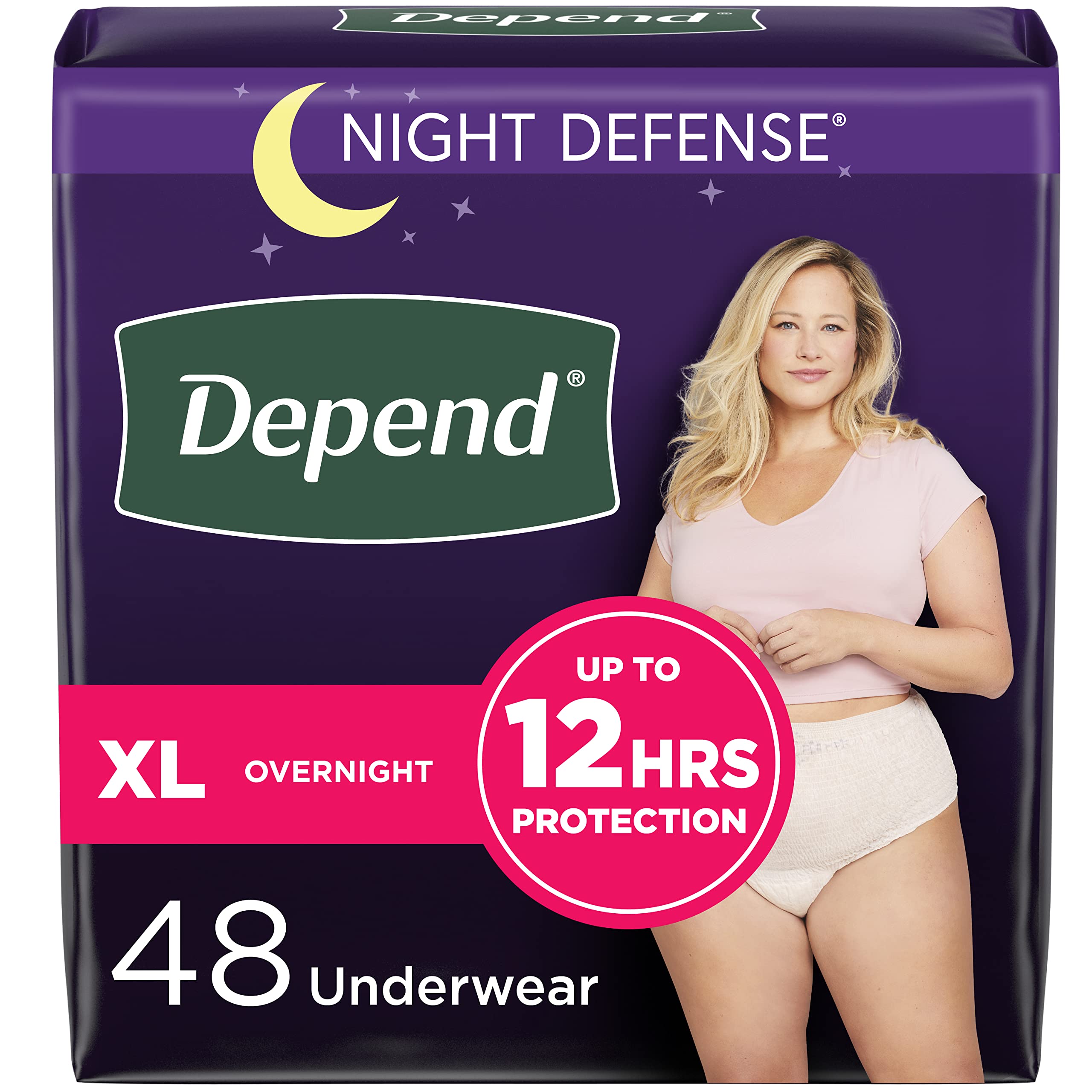 Depend Night Defense Adult Incontinence Underwear for Women, Disposable, Overnight, Extra-Large, Blush, 48 Count
