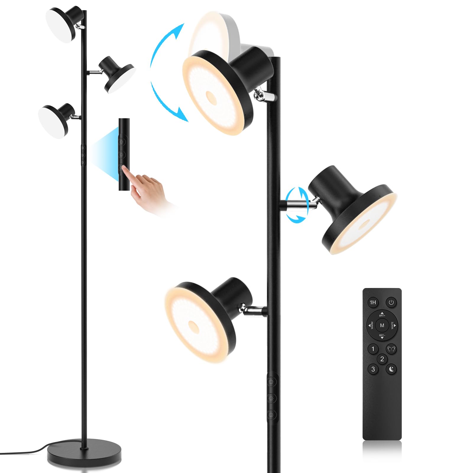 SIBRILLE 36W LED Tree Floor Lamp, Super Bright Standing Lamp with Remote & Touch Control, 4 Color Temperatures,3 Rotatable Lights, Dimmable Floor Lamps for Living Room, Bedroom, Office
