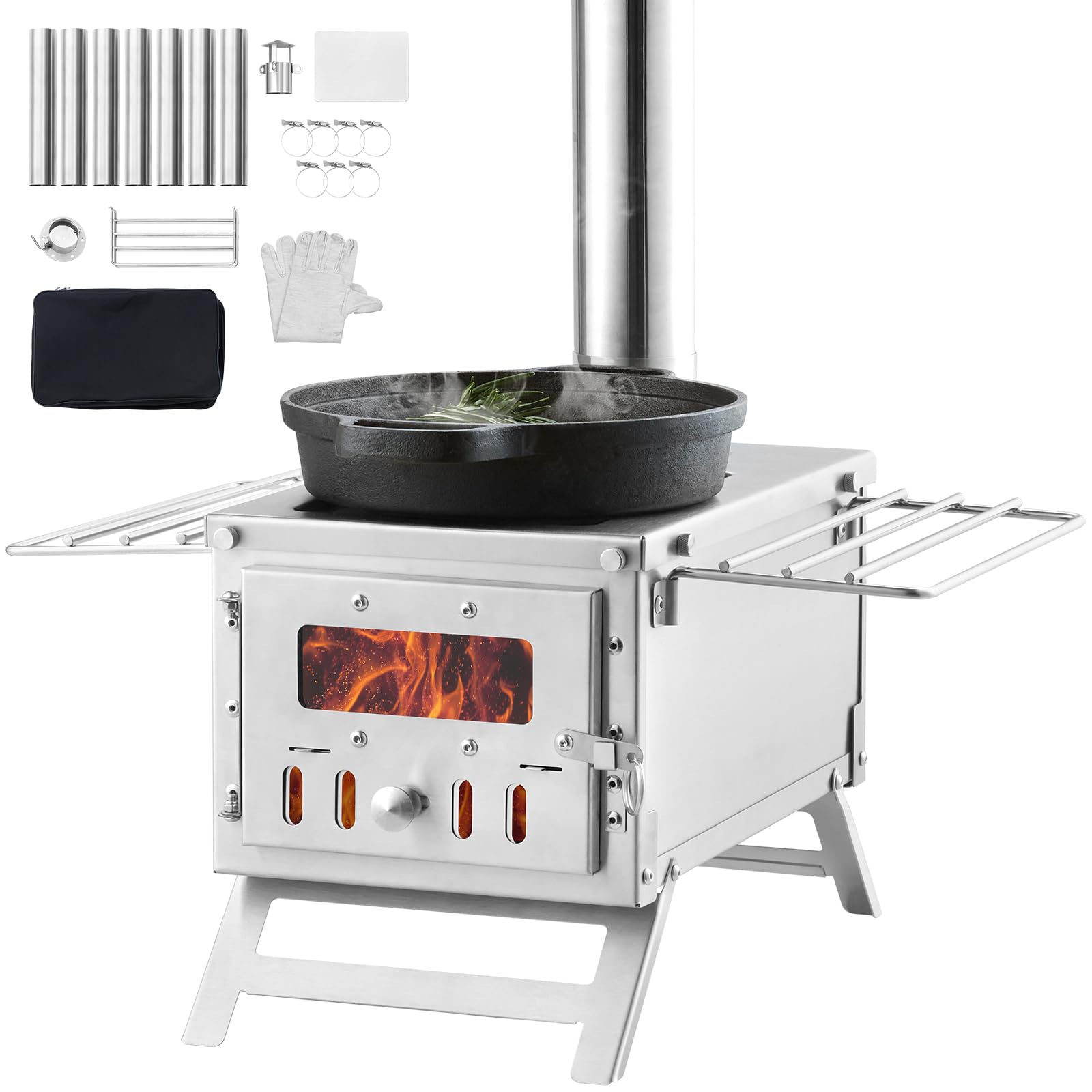 VEVOR Wood Stove, 80 inch, Stainless Steel Camping Tent Stove, Portable Wood Burning Stove with Chimney Pipes & Gloves, 640in?Firebox Hot Tent Stove for Outdoor Cooking and Heating with 8 Pipes