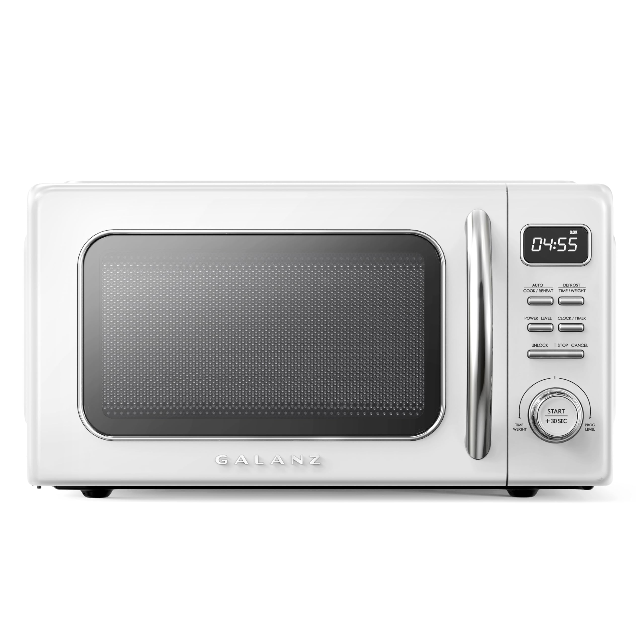 Galanz GLCMKZ11WER10 Retro Countertop Microwave Oven with Auto Cook & Reheat, Defrost, Quick Start Functions, Easy Clean with Glass Turntable, Pull Handle 1.1 Cu. Ft, White