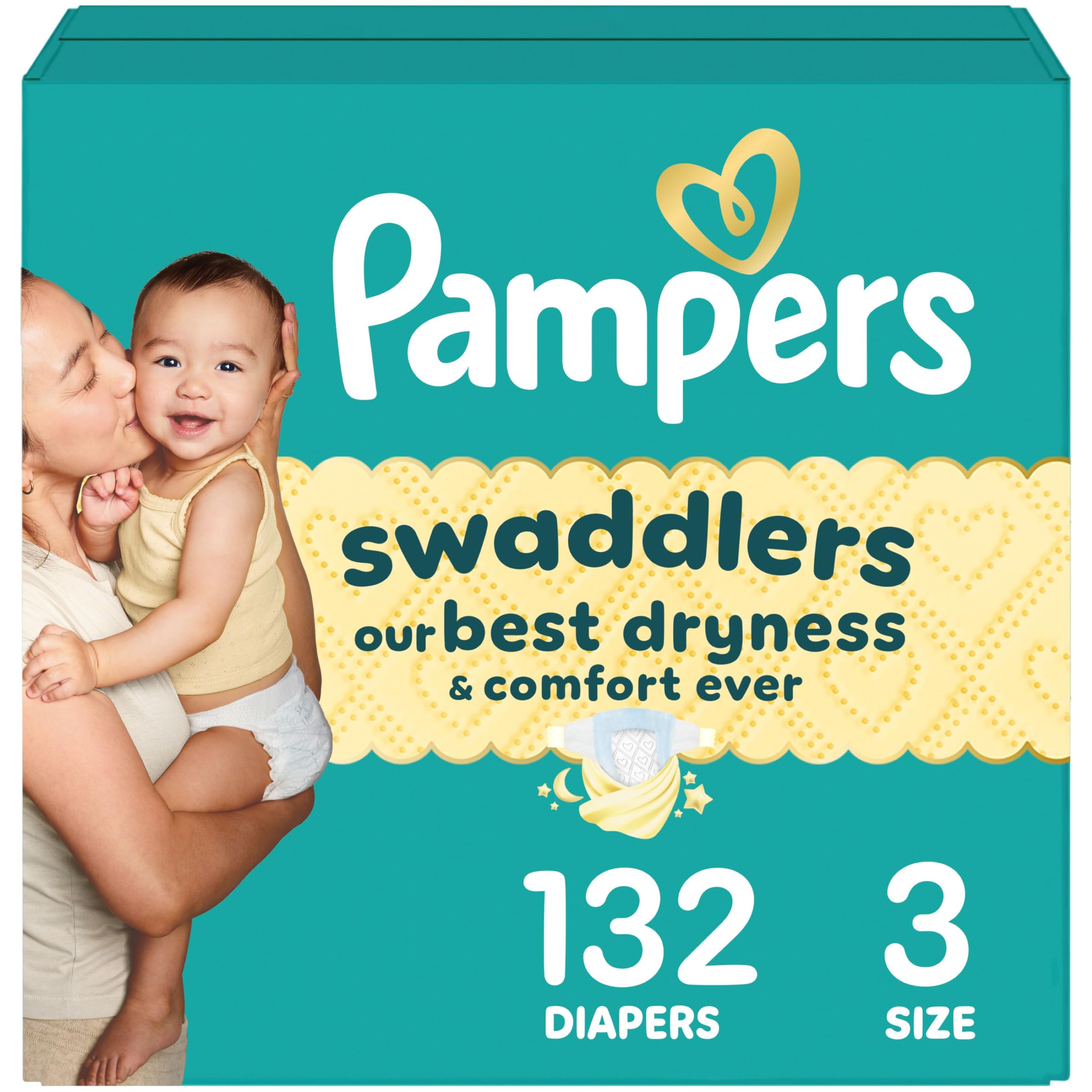 Pampers Swaddlers Diapers, Size 3 (13-26 lbs), 132 Count, Absorbent, Keeps Baby Dry and Comfortable, Skin Safe Disposable Baby Diaper