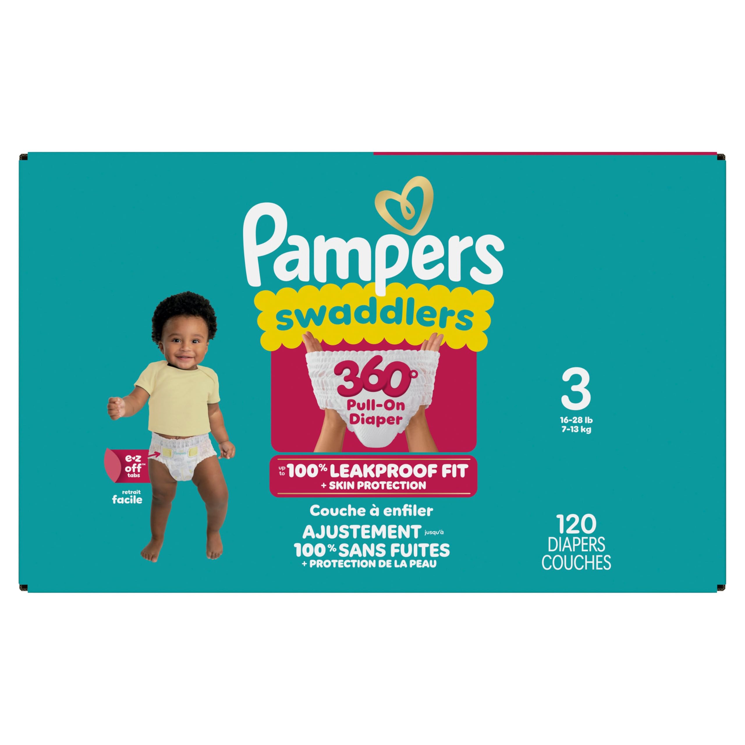 Pampers Swaddlers 360 Pull-On Diapers, Size 3, 120 Count for up to 100% Leakproof Skin Protection and Easy Changes