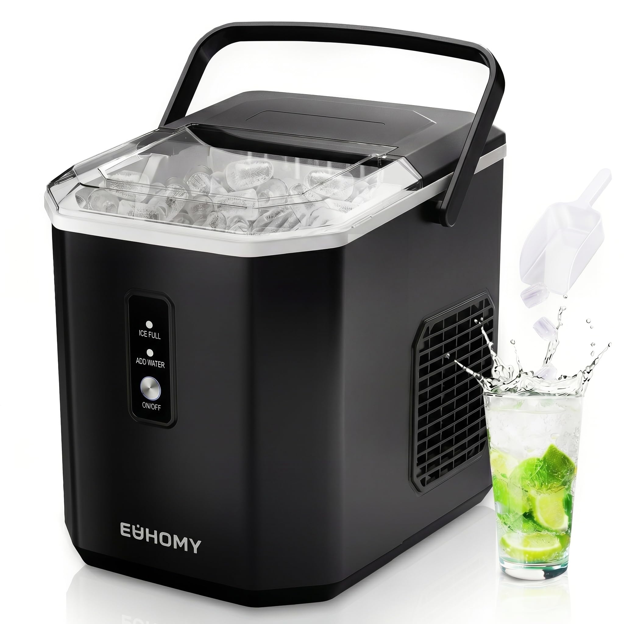Euhomy Portable Countertop Ice Maker - 9 Cubes in 6 Mins, 26lbs/Day, Self-Cleaning with Ice Scoop & Basket, Compact for Home/Kitchen/Office/RV (Black)