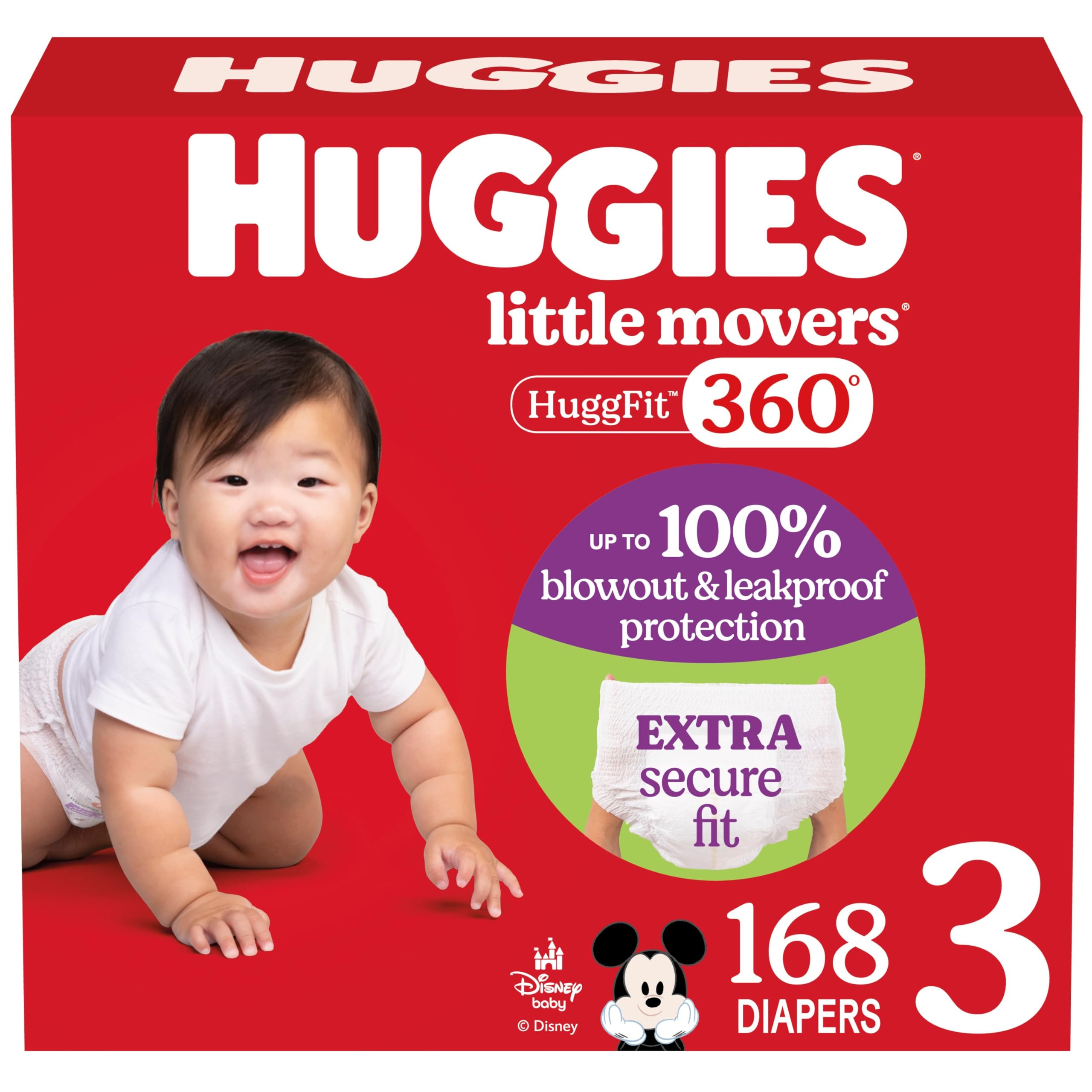 Huggies Size 3 Baby Diapers, Little Movers HuggFit 360degree Baby Diapers with 360degree Waistband, Size 3 (16-28 lbs), 168 Count, Packaging May Vary
