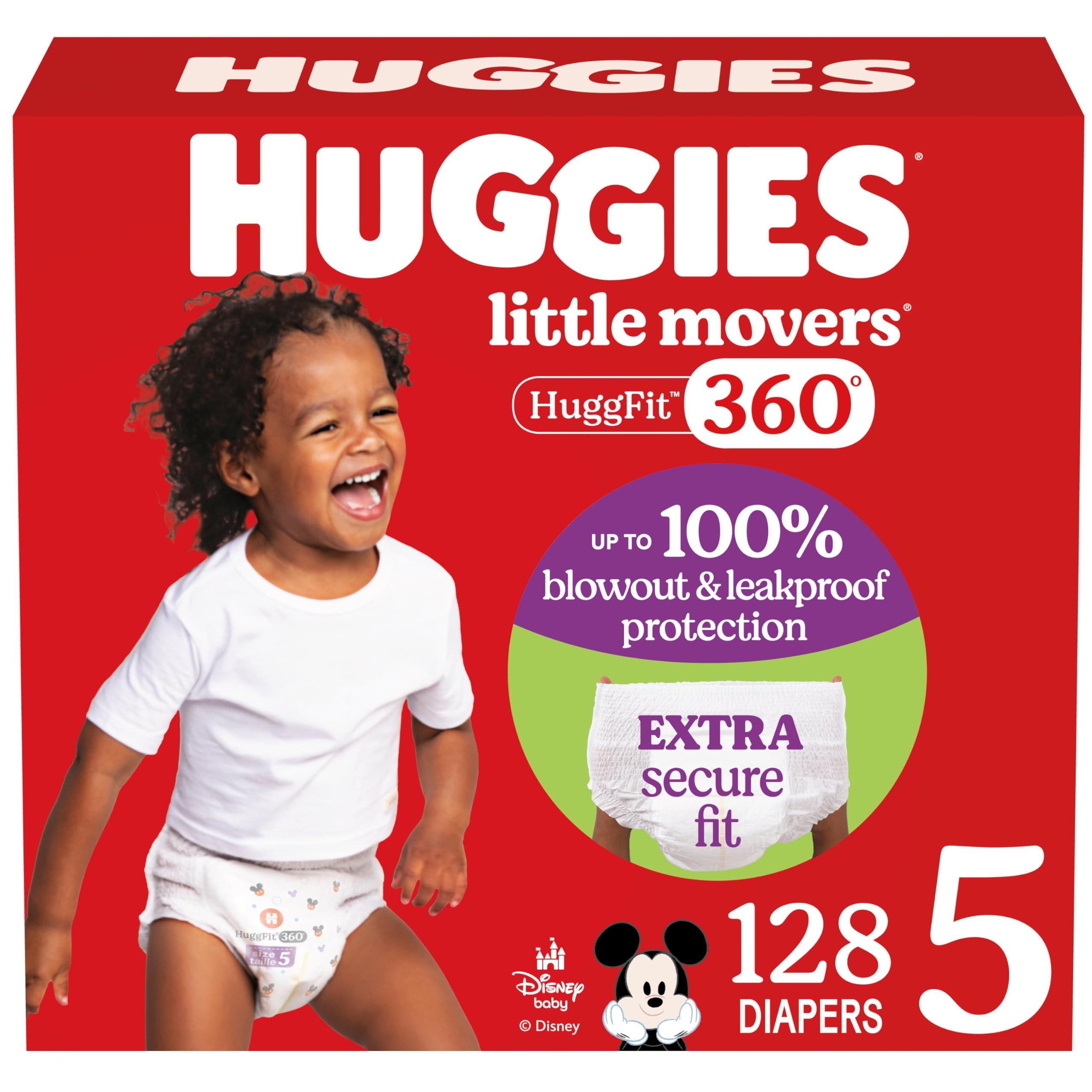 Huggies Size 5 Baby Diapers, Little Movers HuggFit 360° Baby Diapers with 360° Waistband, Size 5 (27+ lbs), 128 Count, Packaging May Vary