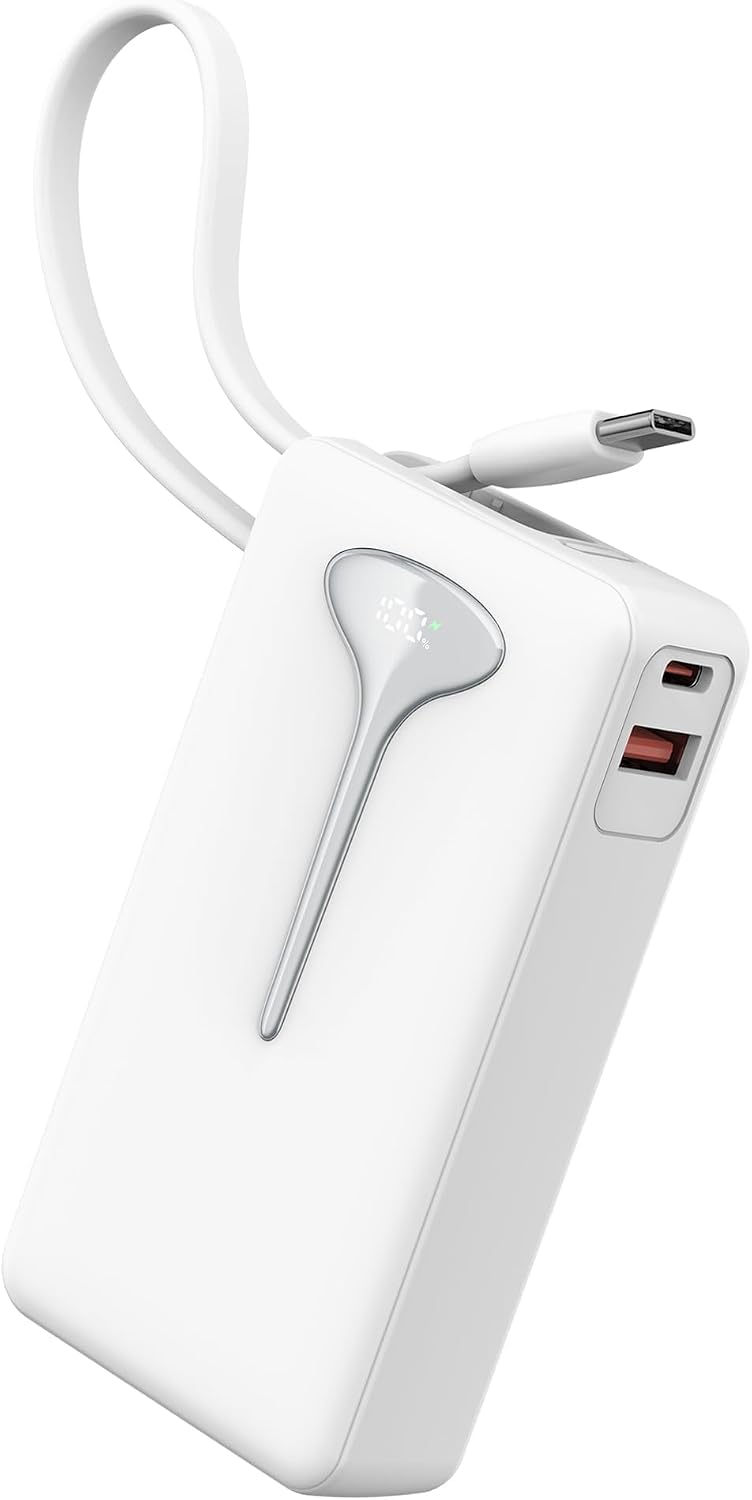 Power Bank 10000 mAh, External Battery Quick Charge Portable Battery 4 Outputs with Integrated Cables, 3A USB C Input and Output, External Charger Compatible with iPhone16 15 14 Pro Max Samsung Xiaomi