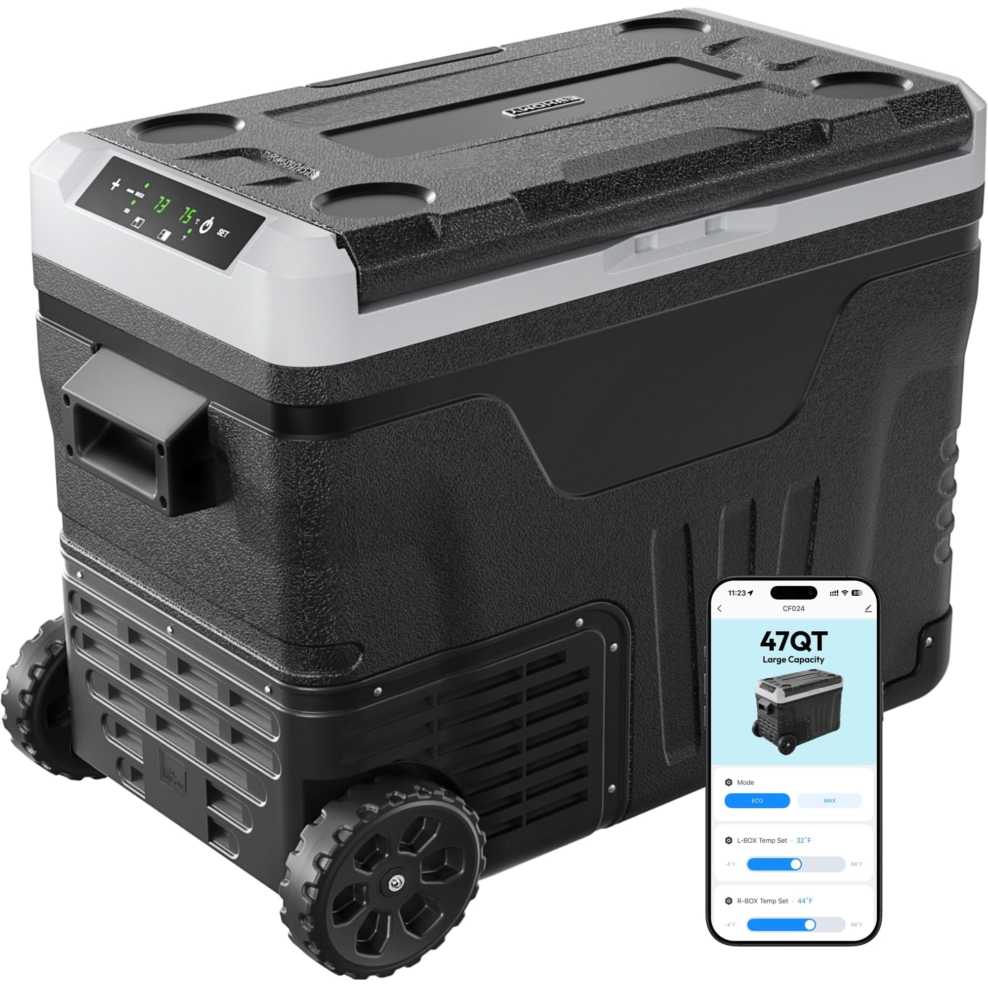 EUHOMY 12 Volt Refrigerator with Remote App Control, 47QT(45L) Dual Zone Electric Cooler with Wheels & Basket, Portable Freezer 12/24V DC & 110-240V AC, 12V Cooler for Travel, Truck, Camping, Boat, RV