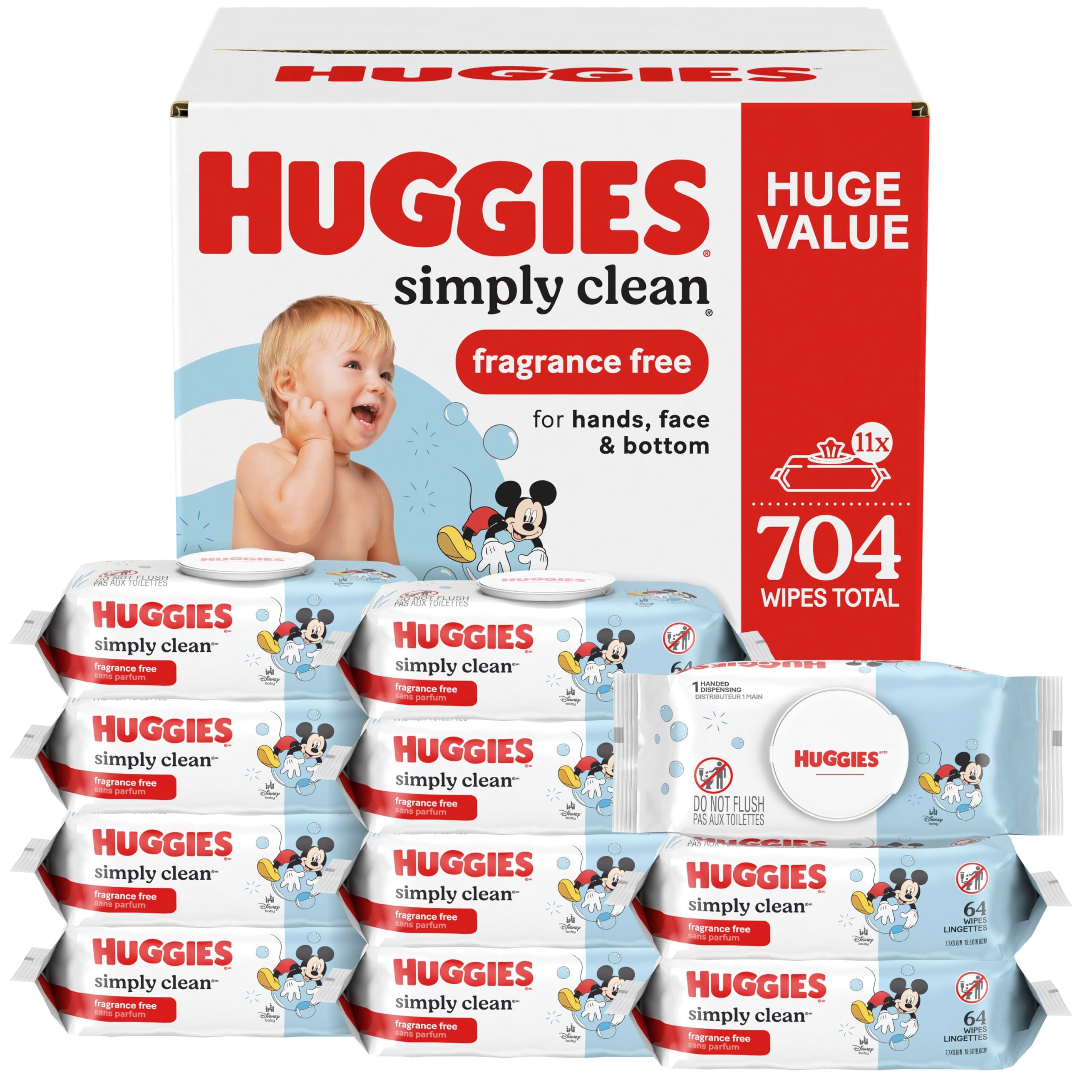 Baby Wipes, Huggies Simply Clean, UNSCENTED, Hypoallergenic, 11 Flip Top Packs, 704 count (Packaging may vary)