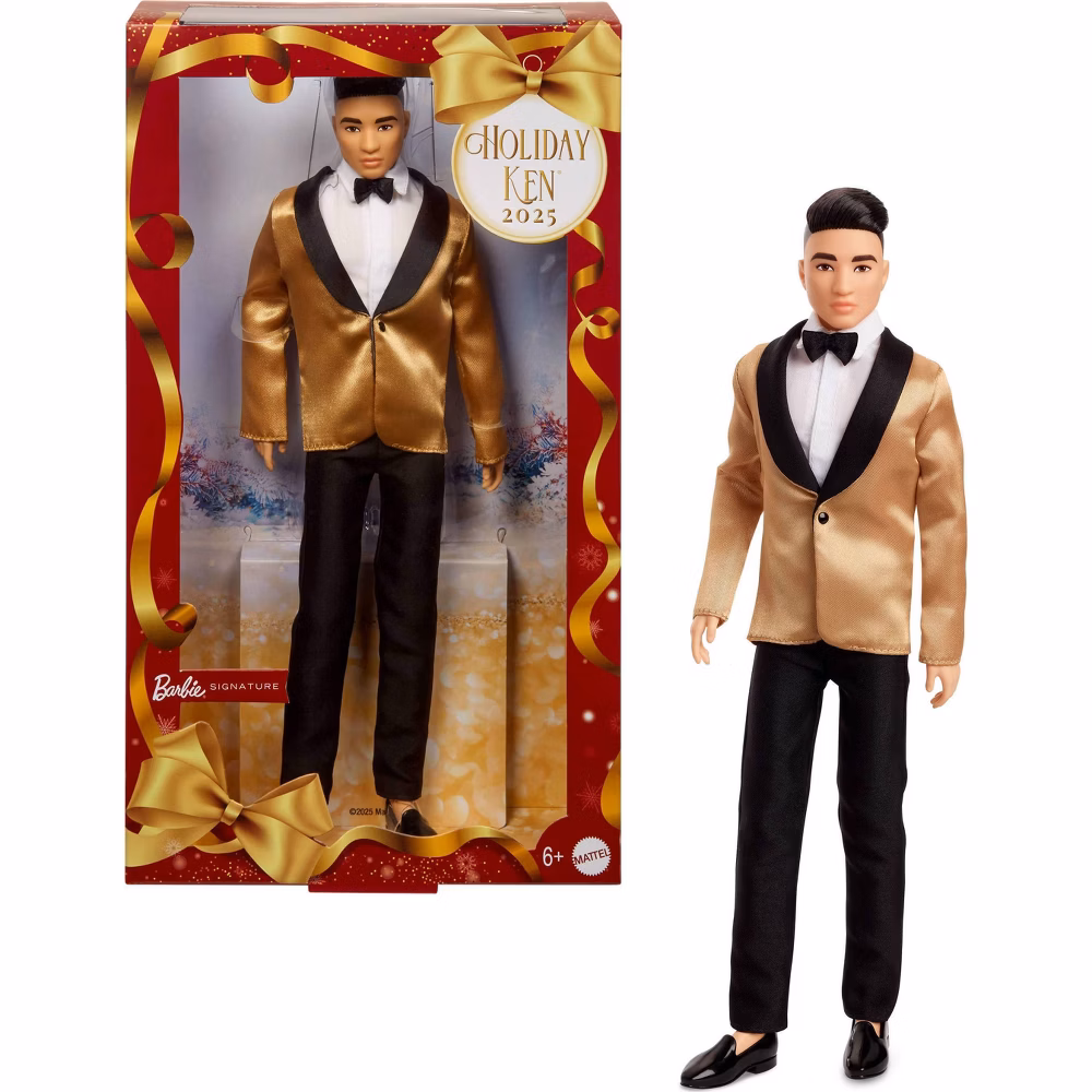 Barbie Signature 2025 Holiday Black Hair Ken Collectible Fashion Doll wearing Full Suit with Golden Jacket