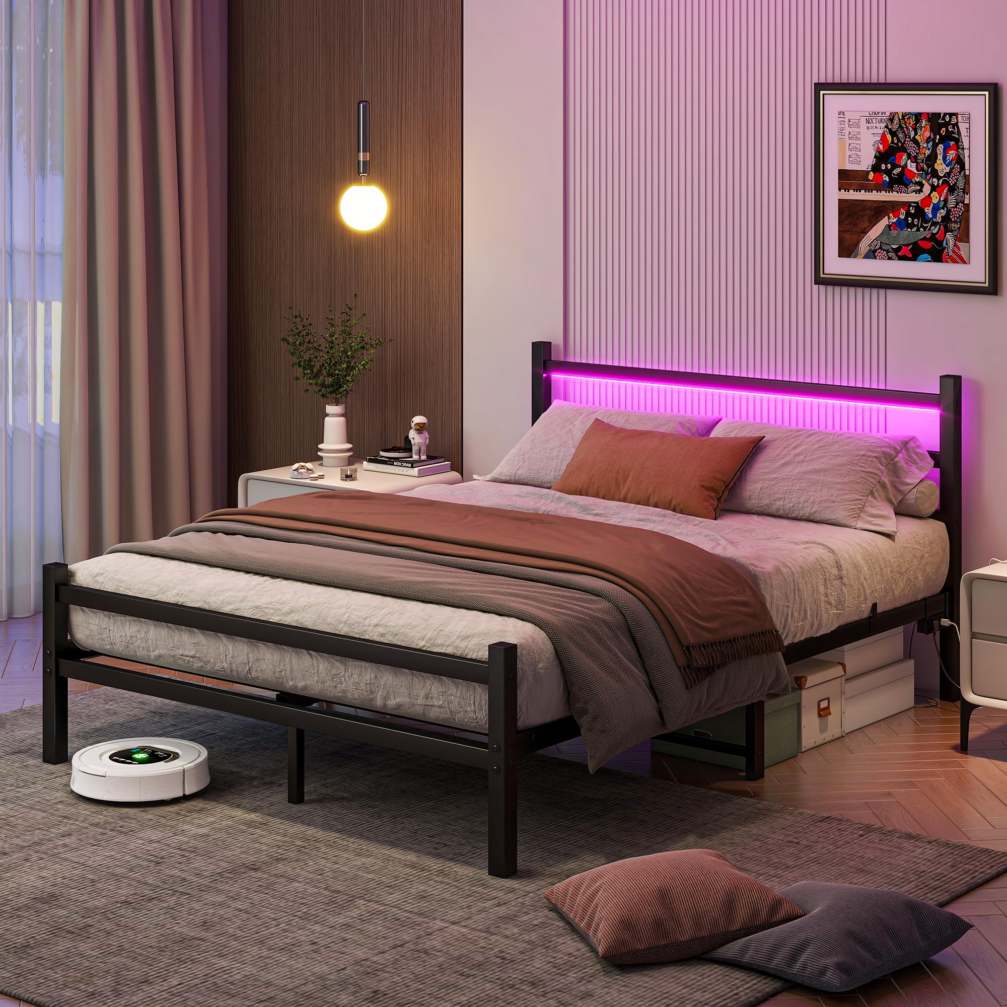 Bed Frame Queen Size with USB Charging Station,LED Bed with Headboard,Metal Platform Bed with Under Bed Storage,Steel Slats Mattress Foundation, No Box Spring Needed,Noise Free, Black