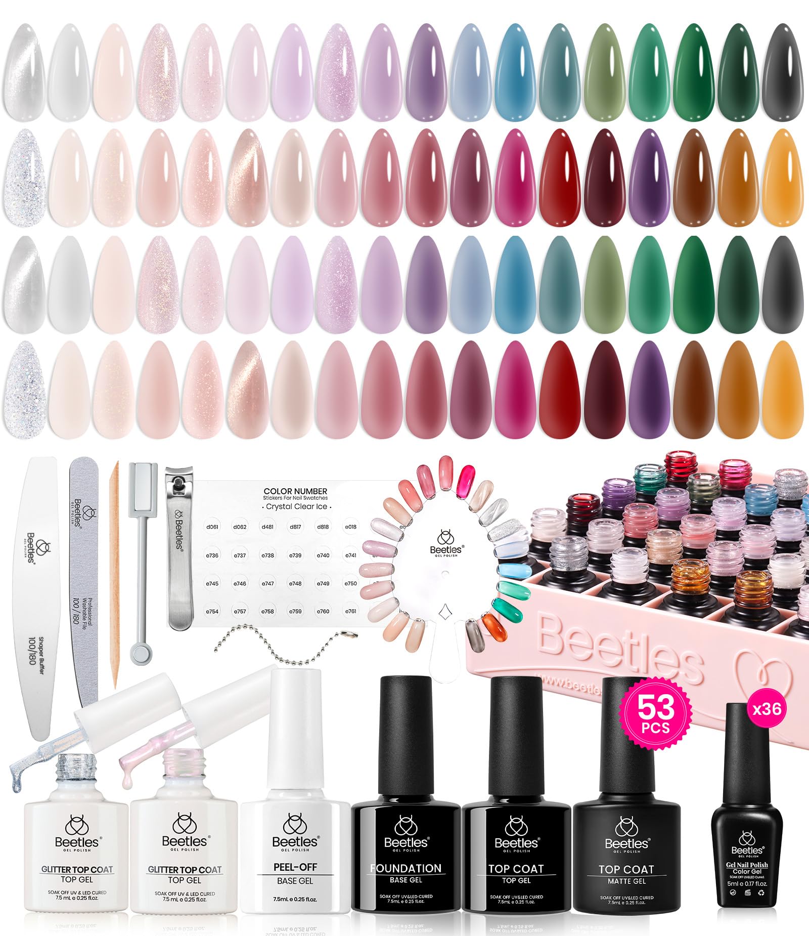 Beetles Jelly Gel Nail Polish Set, 53PCS 36 Colors Jelly Pink Milky White Red Black Blue Green Silver Cat Eye Base Glitter Glossy Matte Top Coat Crystal Ice Collection French Nails Gift for Women