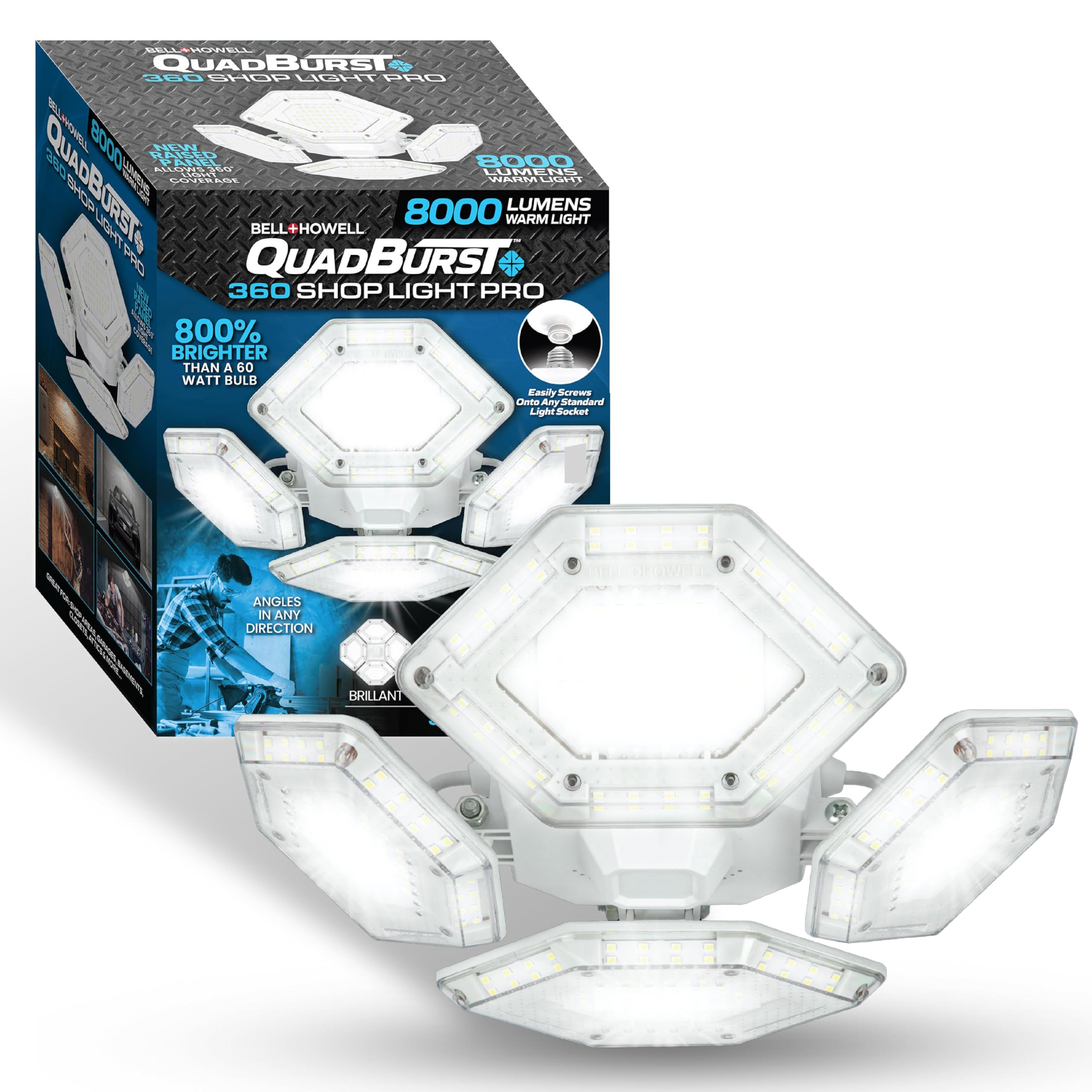 Bell+Howell Quadburst 360 Shop Light Pro - Ultra Bright 8000 Lumens, 4 Adjustable Led Panels, 10X Brighter than 60W Bulbs, Rust Proof Hinges, Easy Installation By