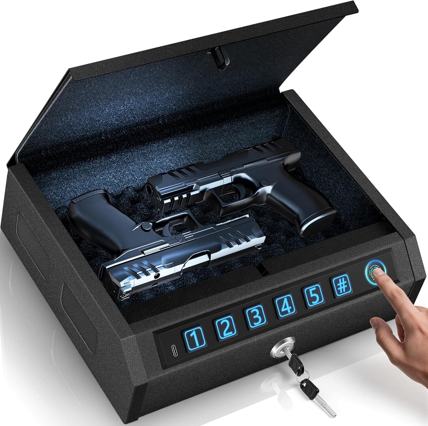 Biometric Box Safe – Quick Access Handgun Safe for Cash, Jewelry and Valuables with Fingerprint, Digital PIN Keypad & Key, Silent Mode, LED Light, Portable Lock Box for Home, Nightstand & Car