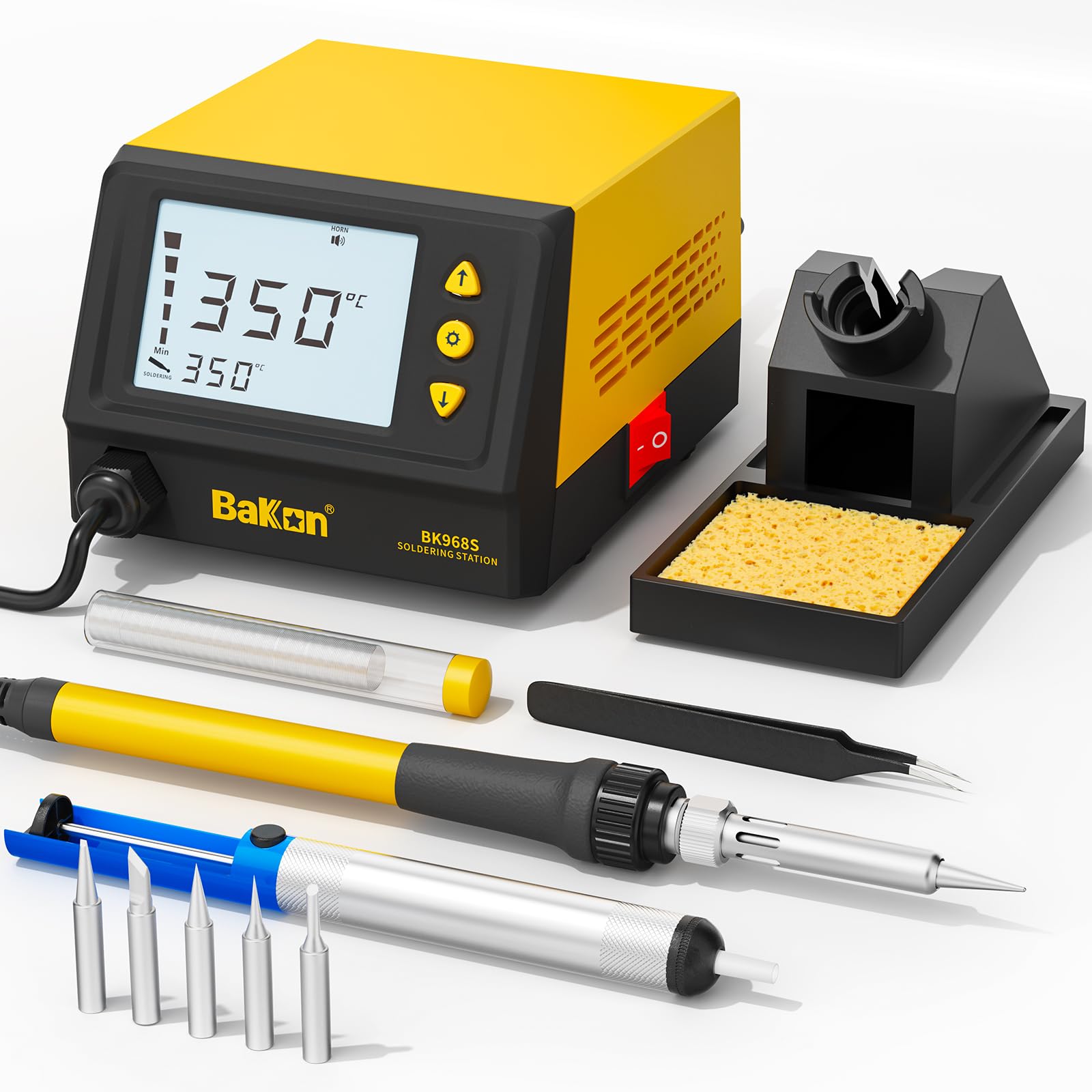 BK968S Soldering Station,Digital Display Soldering Iron Station with Solder Sucker, Tweezers,Soldering Tips,Tin Wires, Sponge with Precision Temperature Control(356degreeF-896degreeF)