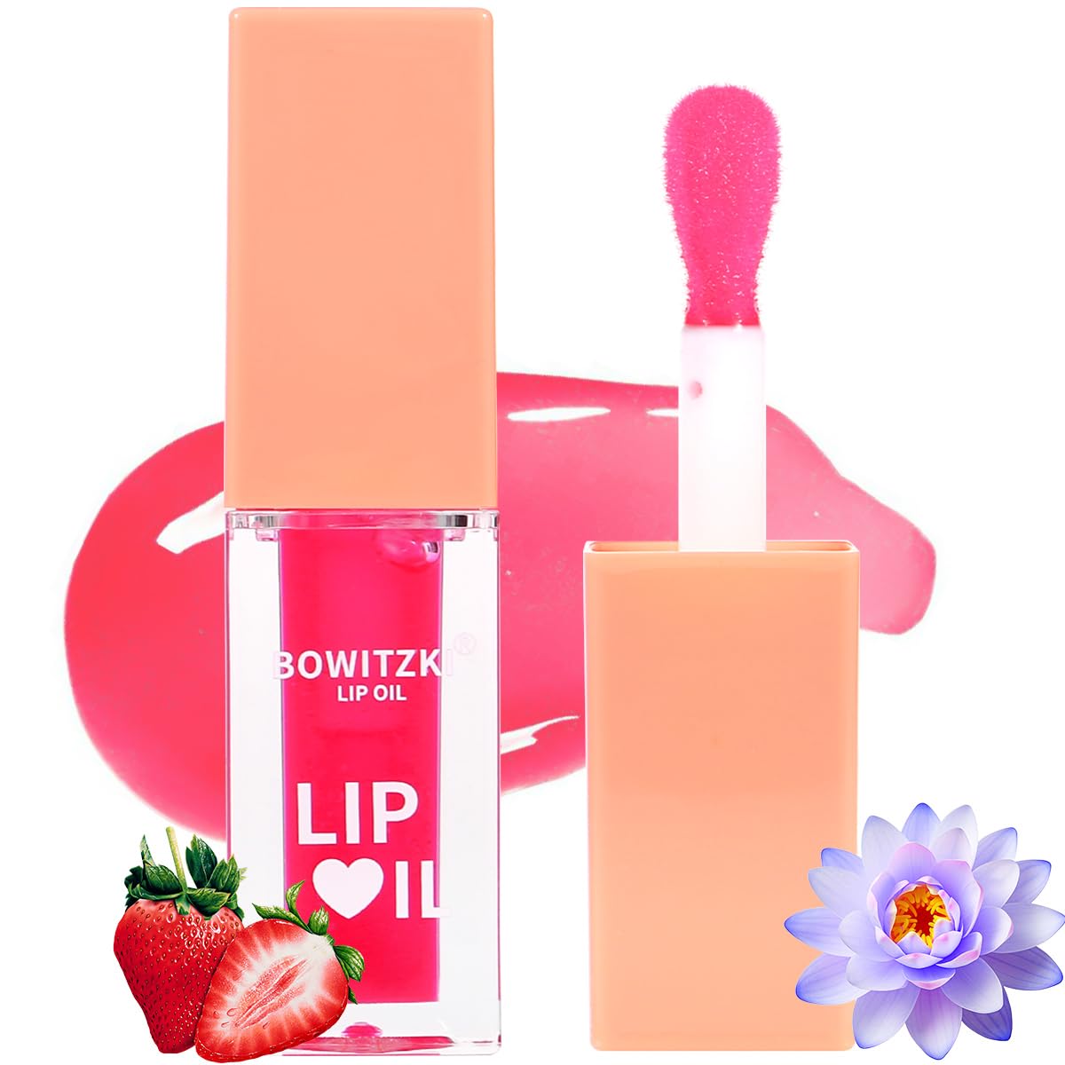 Bowitzki Color Changing Hydrating Lip Oil Lip Gloss Glow Transparent Toot Tinted Nourishing Long Lasting Lip Balm Blue Lotus Extract Repairing Lightening Lip Line (Berry)