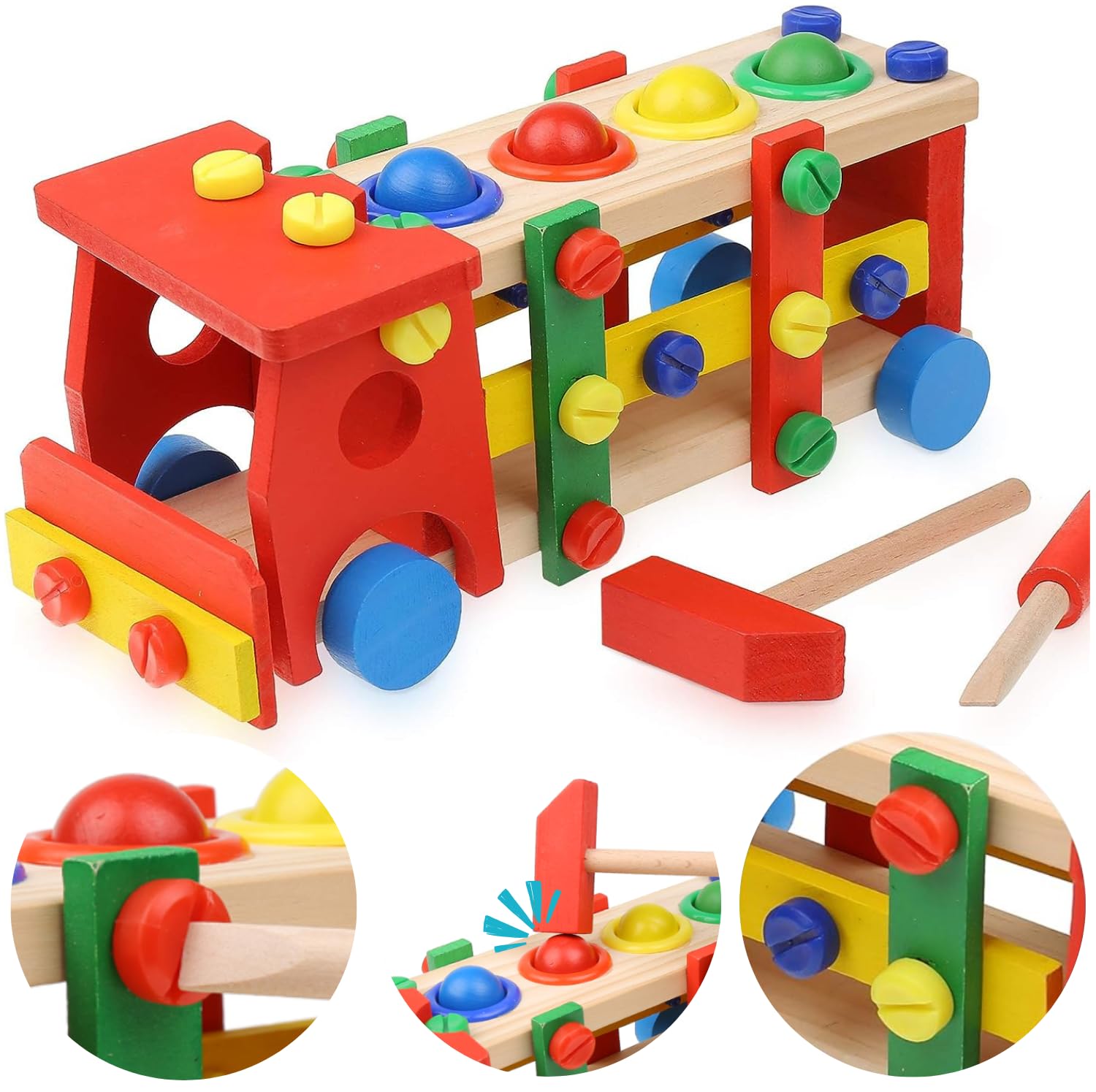 Boxiki Kids Wooden Toddler Tool Set with Truck Building Blocks