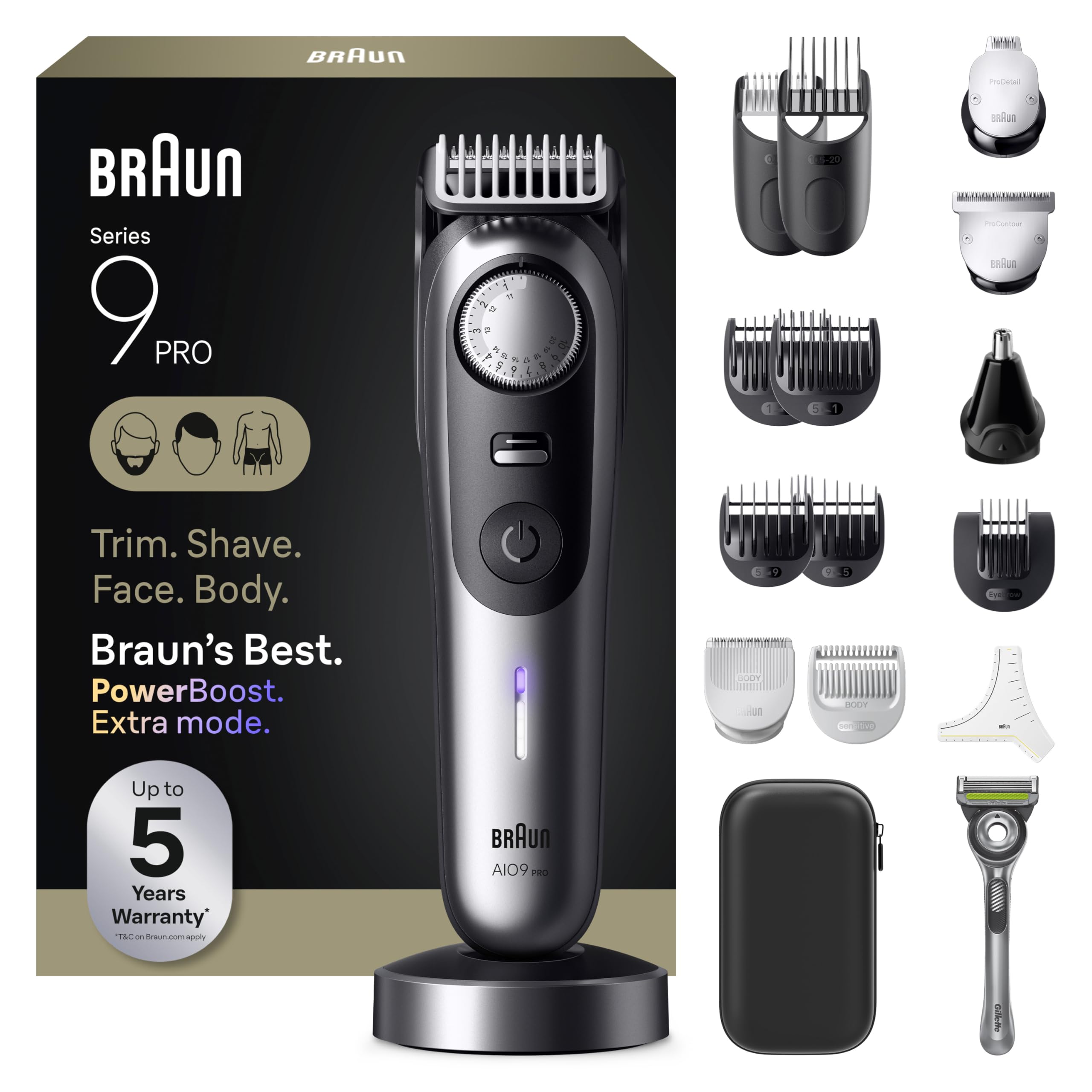 Braun All-in-One Men's Shaving Kit Series 9 AIO 9570, Beard, Face, Nose, Ear Trimmer, Hair Clippers, Body Groomer and Manscaping