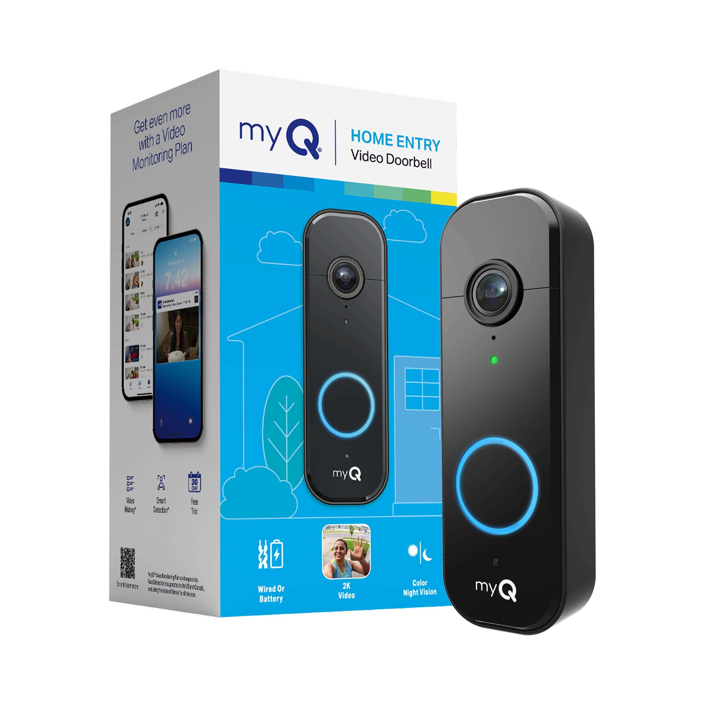 Chamberlain myQ Video Doorbell  2K Camera, Battery/Wired, Color Night Vision, Live View with 2-Way Talk, Motion Detection & Real-Time Alerts, 150 Deg Wide View, Black