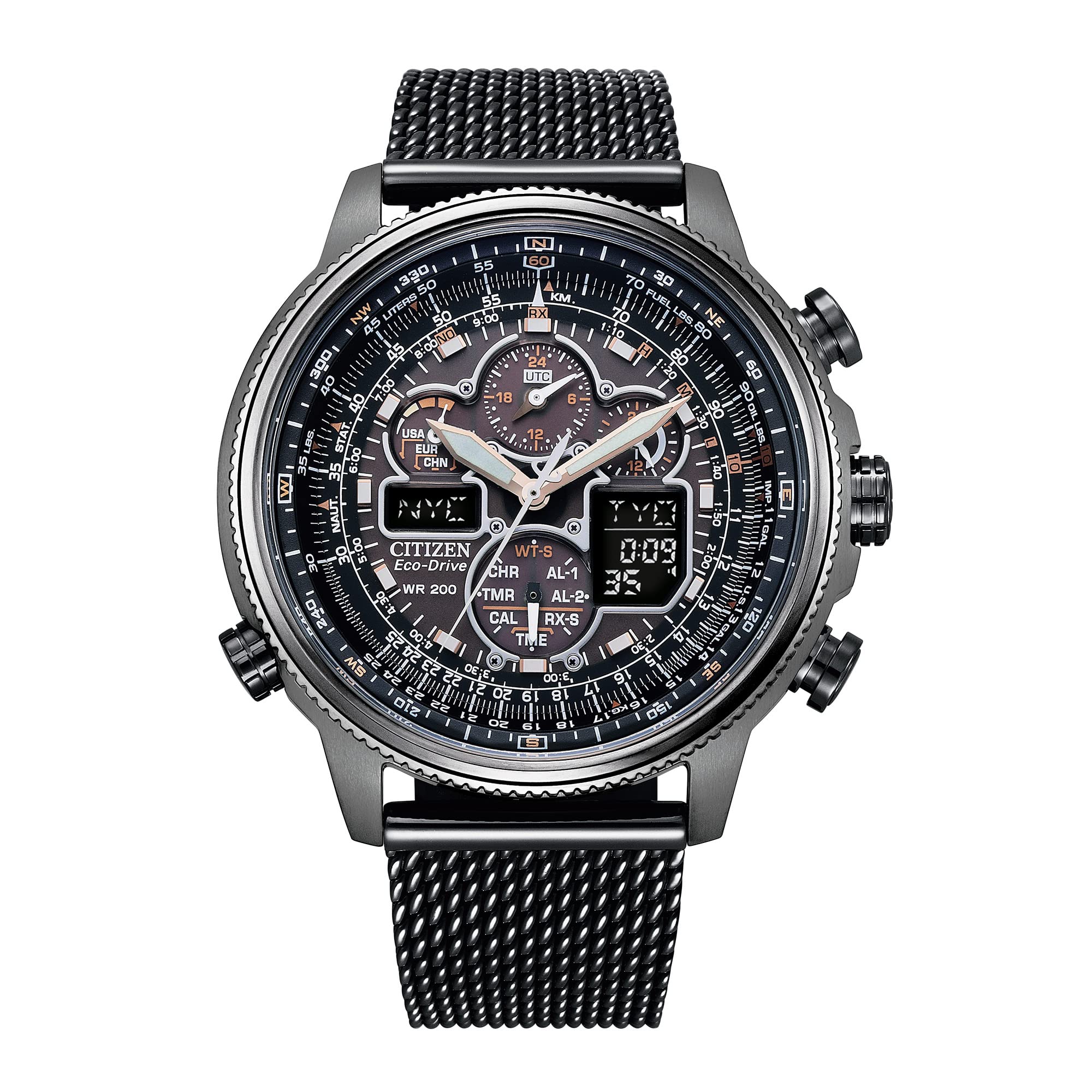 Citizen Mens Promaster Navihawk A-T Eco-Drive Watch 48mm Black Stainless Steel Case and Bracelet with Black Dial (JY8047-81E)