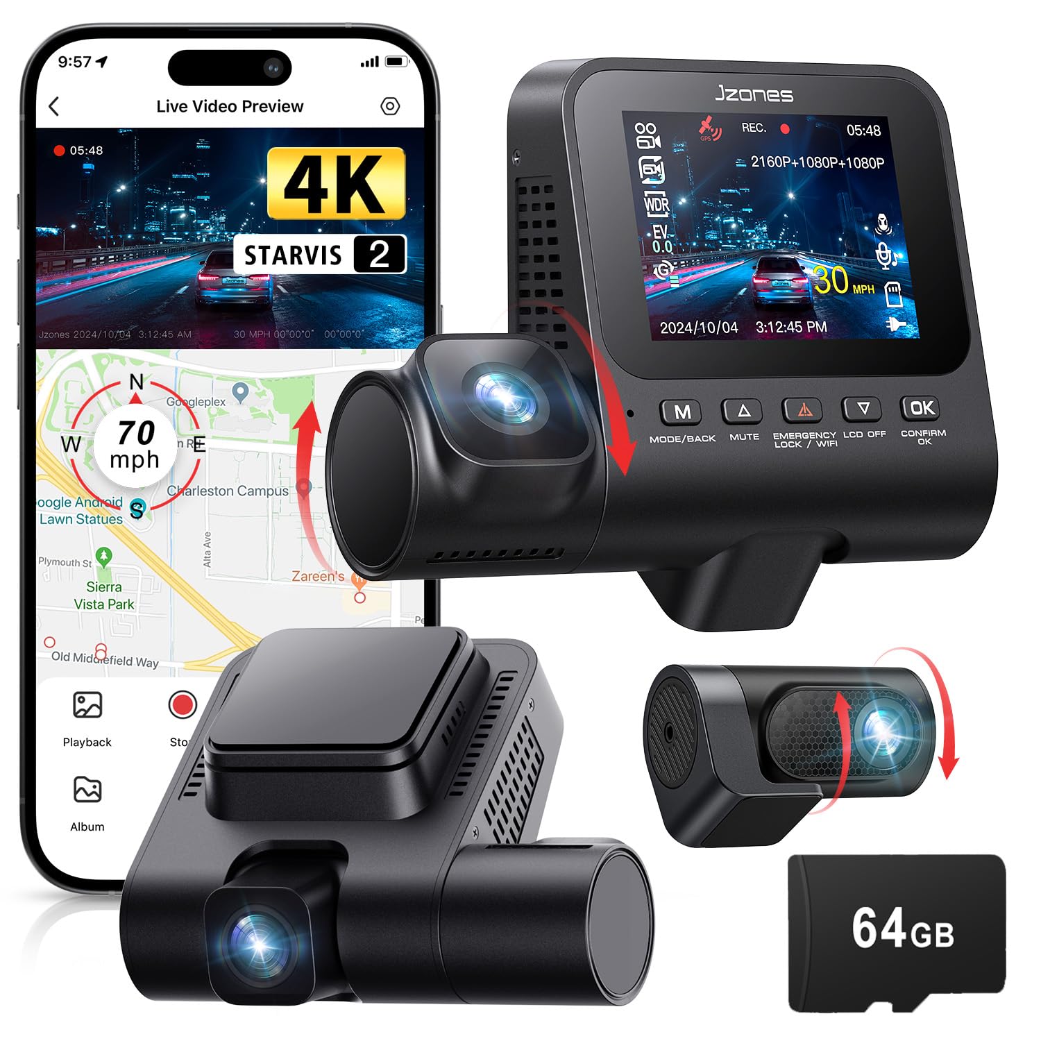 Dash Camera Front and Rear: 4K+1080P+1080P 3-Channel Dash Camera for Cars, STARVIS 2 Sensor, Dash Camera with HDR Night Vision, 24H Parking Mode, Car Camera with GPS, Free 64GB Card