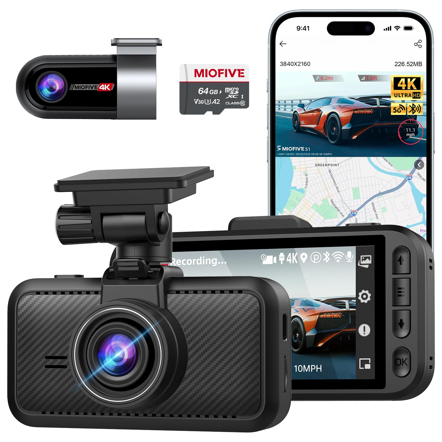 Dash Cam Front Rear, 4K Front + 4K Rear Full HD Dash Camera for Cars Built-in Wi-Fi Bluetooth GPS with 64GB SD Card, 3.0” IPS Screen with App Control, G-Sensor, HDR, Night Vision, 24H Parking Mode