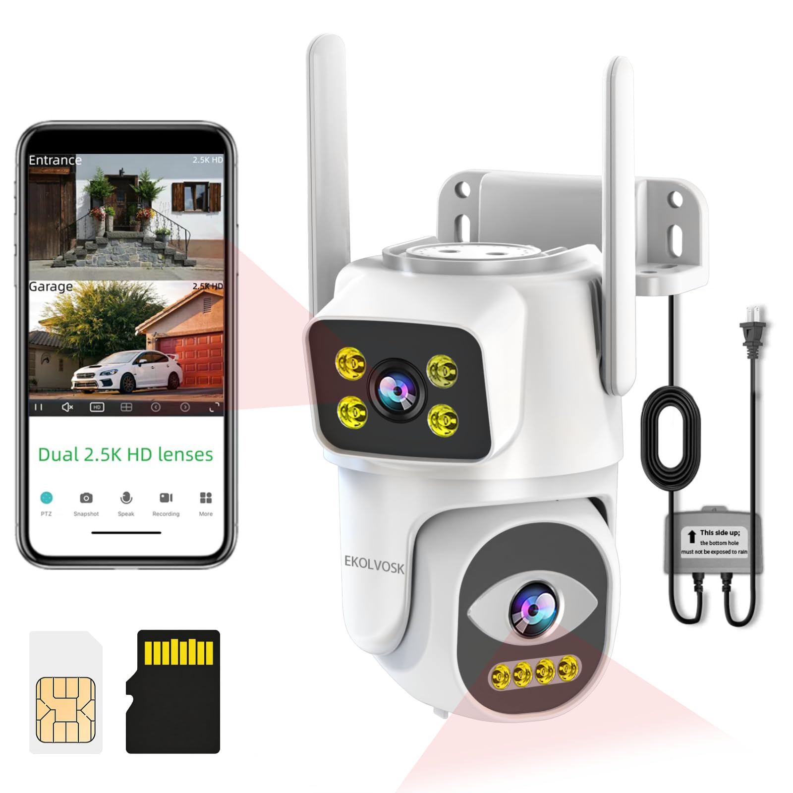 Dual-Lens 4G Cameras for Home Security, Pan/Tilt SmartSecurity Camera-Outdoor/Indoor, Color Night Vision,MotionTracking,24/7 Recording,2-Way Audio & Siren,IP65,SD/Cloud Storage