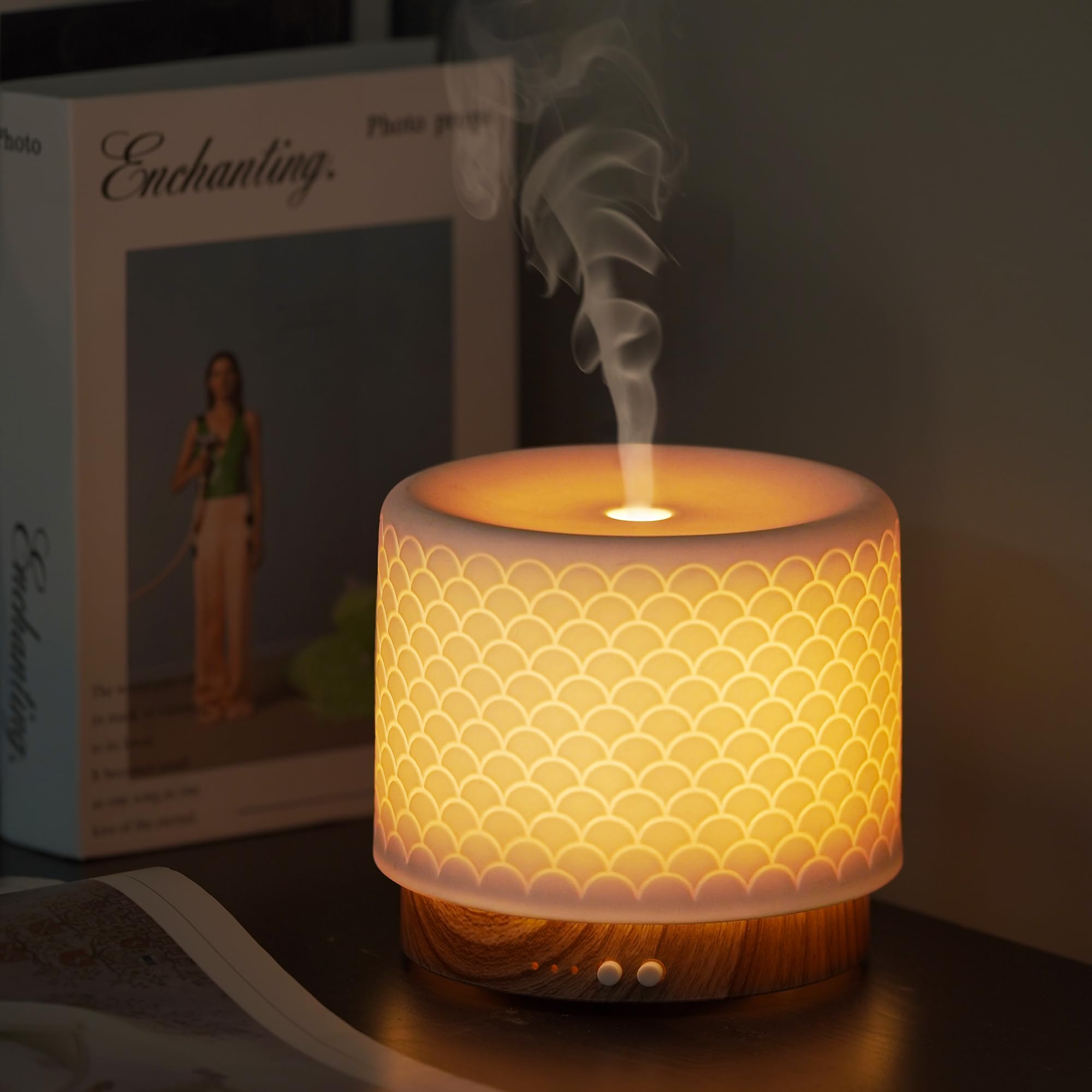 Essential Oil Diffuser -280ml Ceramic Diffuser for Large Room&Commercial Use, 2.4MHz Cool Mist Humidifier & Independent Decorative Light & Aromatherapy Diffuser, Pulse&Continuous Mist, Timer, Auto-Off
