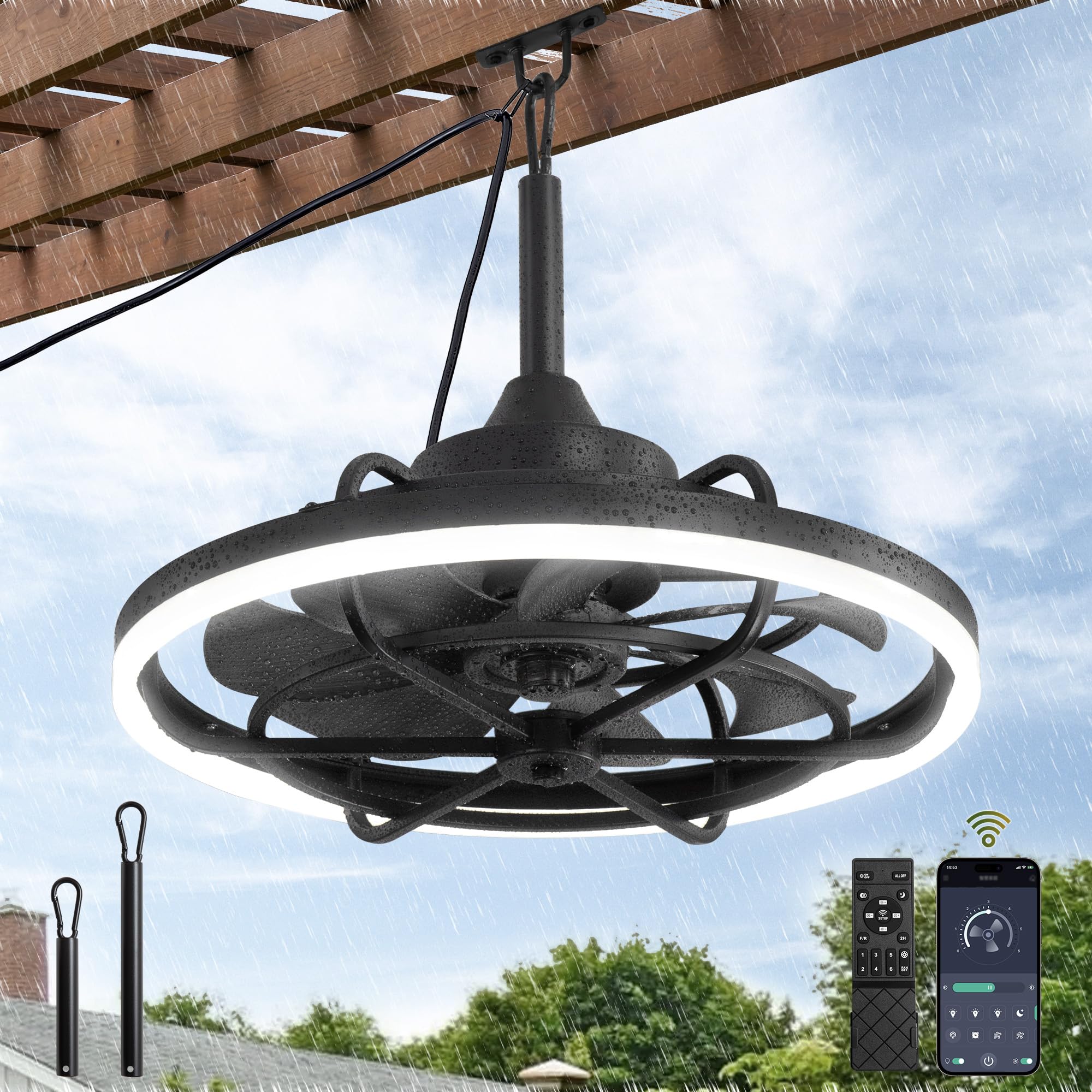 Fanbulous 20" Outdoor Ceiling Fan with Light, Plug-In, Remote/App, Black