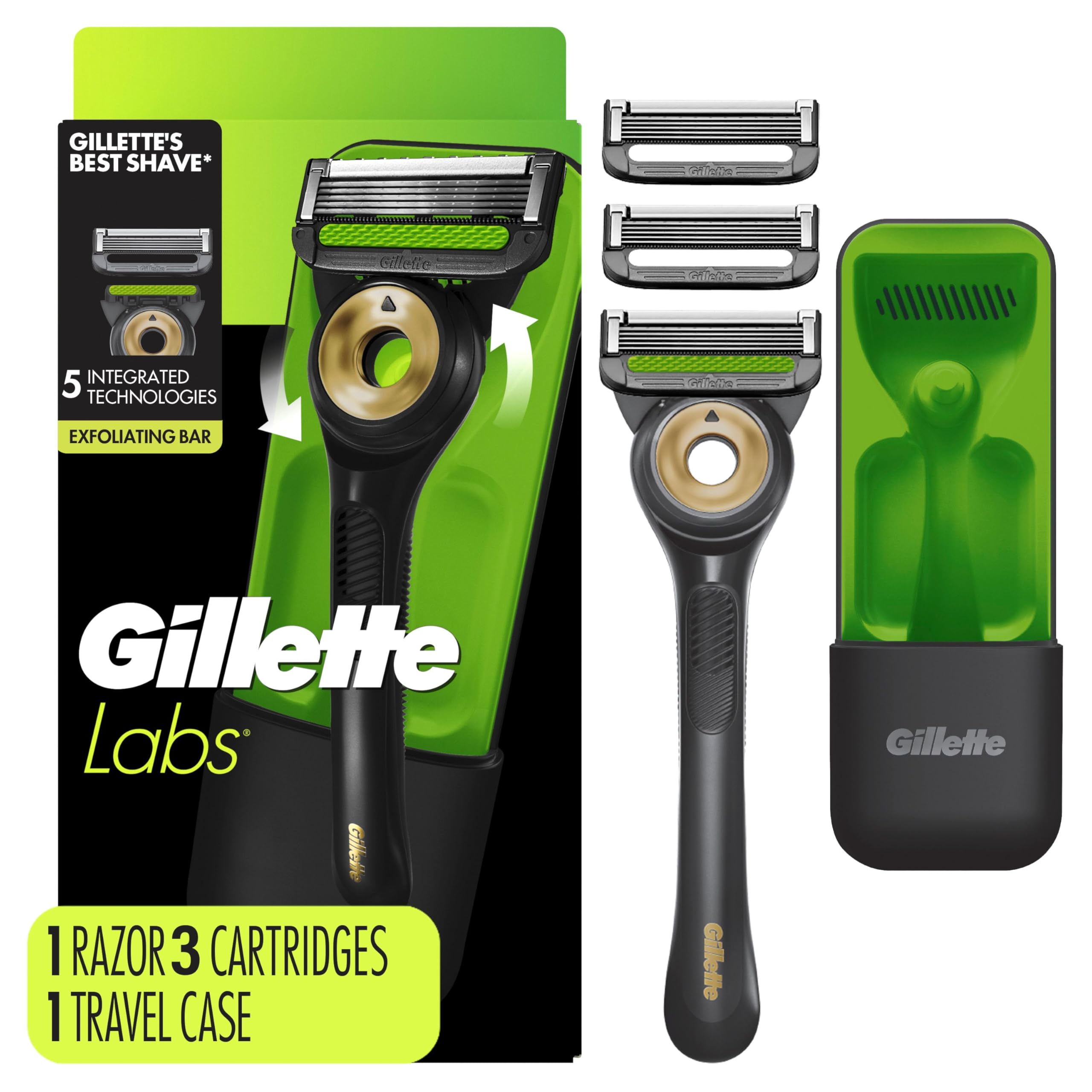 Gillette Labs With Exfoliating Bar Black & Gold Edition, Razor For Men, 1 Handle, 3 Blade Refills, 1 Travel Case for Convenient Storage On The Go, 1 Pack (Count of 5)