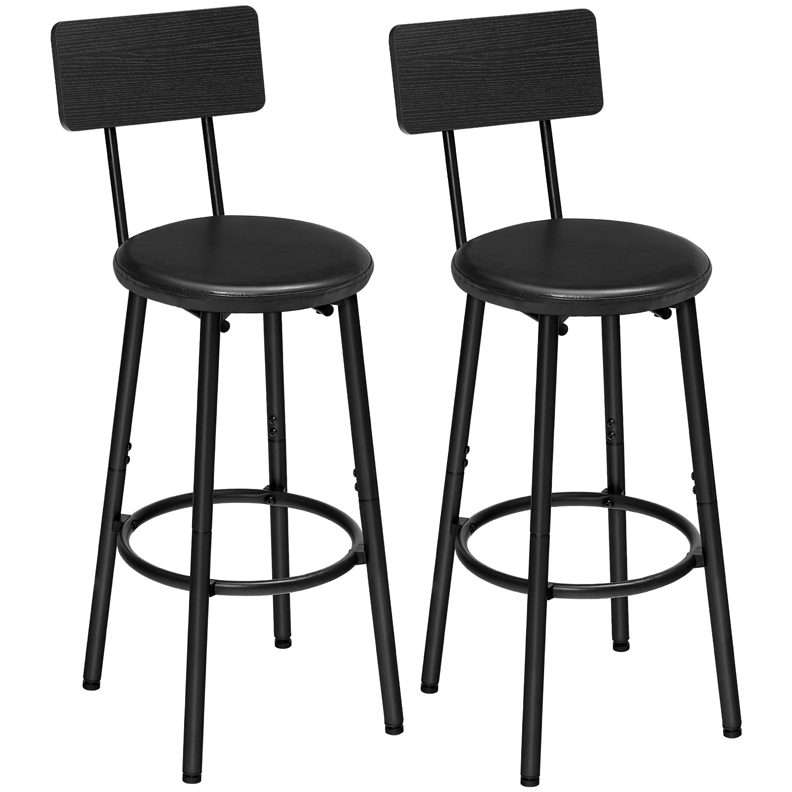 HOOBRO Bar Stools with Backrest, Set of 2 Bar Chairs, Counter Stools with PU Upholstery, Breakfast Chairs with Footrest, for Kitchen, Living Room, Bar, Black BK31BY01G1